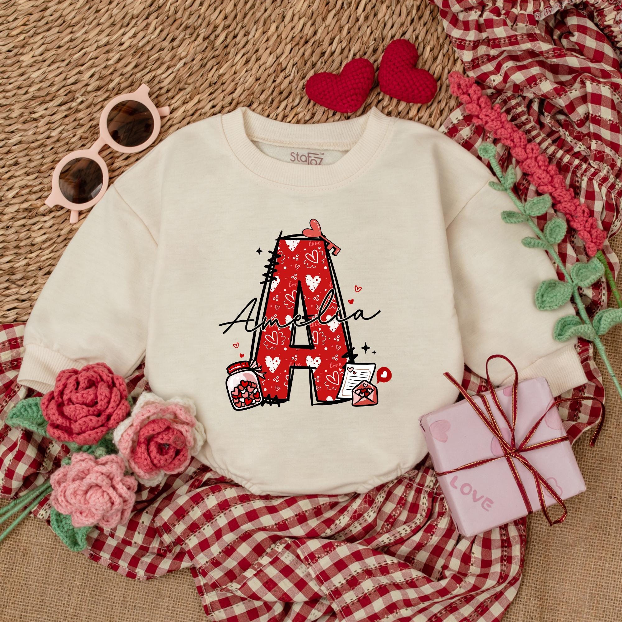 Custom Name Amelia Valentine's Day Baby Girl Romper Red Patterns Playful Design Infant First Holiday Bodysuit Soft Cotton Outfit