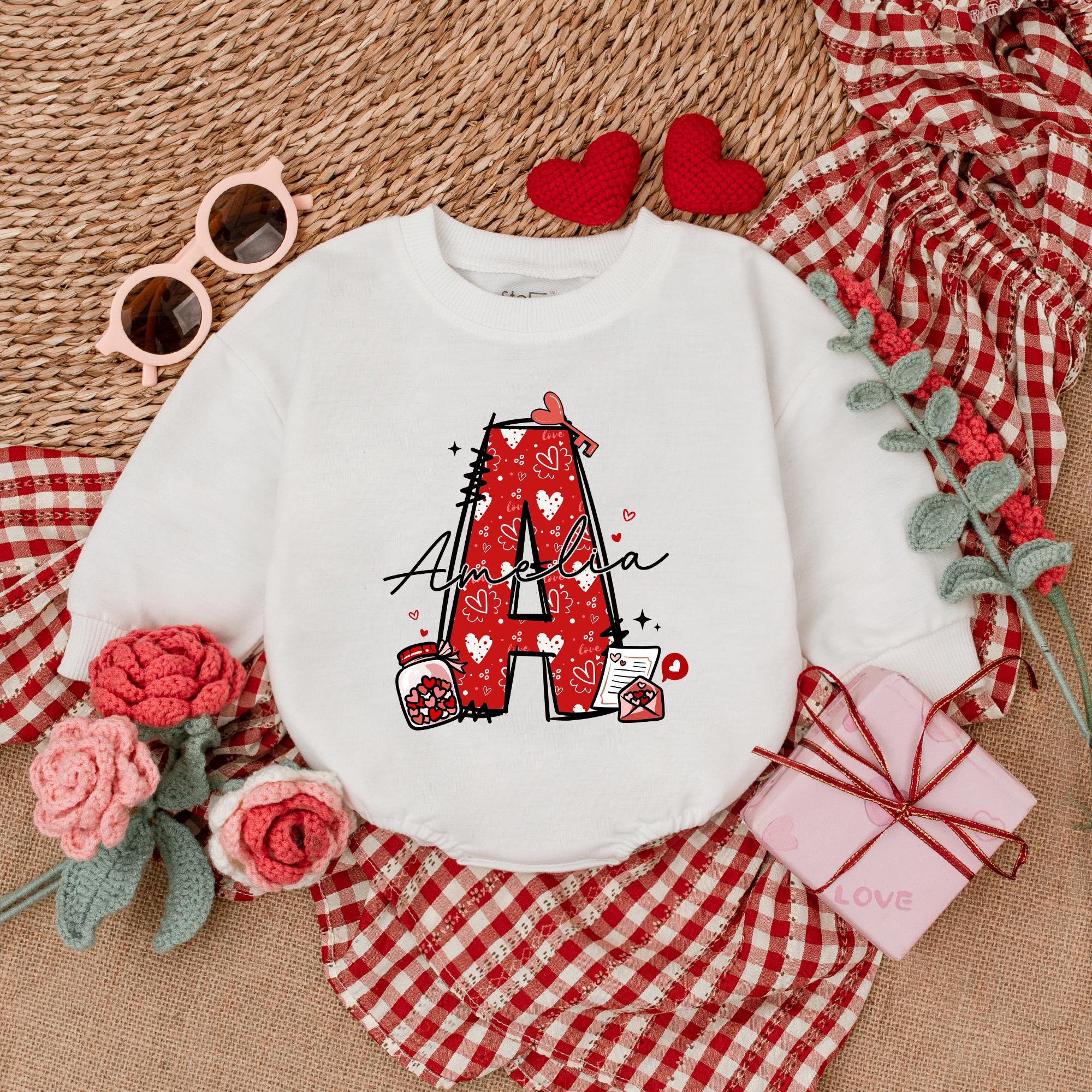 Custom Name Amelia Valentine's Day Baby Girl Romper Red Patterns Playful Design Infant First Holiday Bodysuit Soft Cotton Outfit
