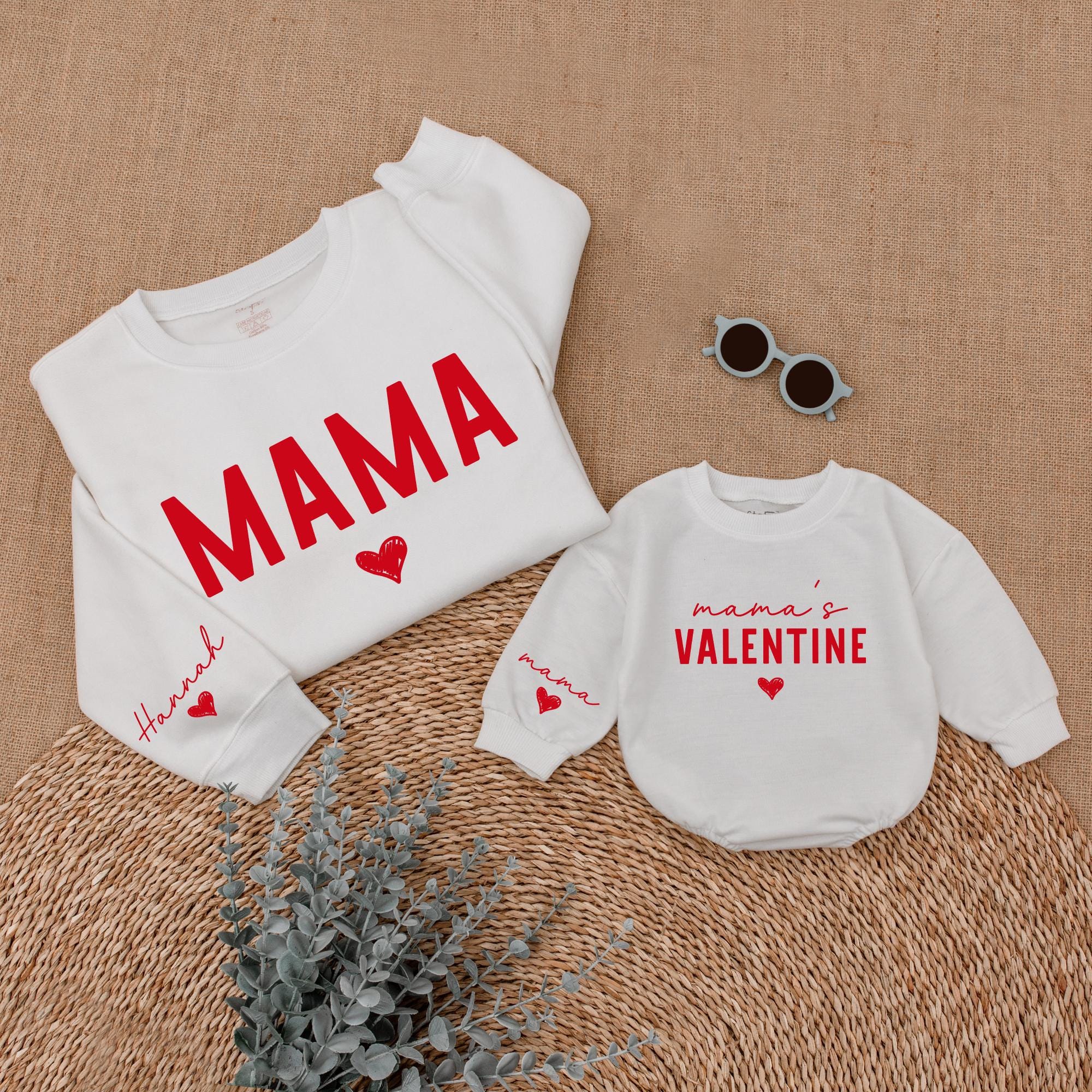 Personalized Mama and Me Valentine's Sweatshirt with Red Heart Cozy Family Matching Outfit Soft Cotton Gift for Mom and Baby