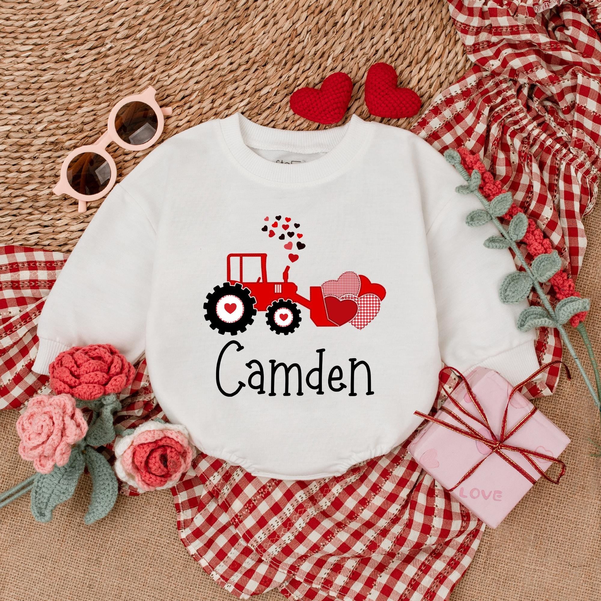 Custom Name Red Tractor Baby Romper with Heart Wheels Valentine Infant Outfit Charming Personalized Camden Design