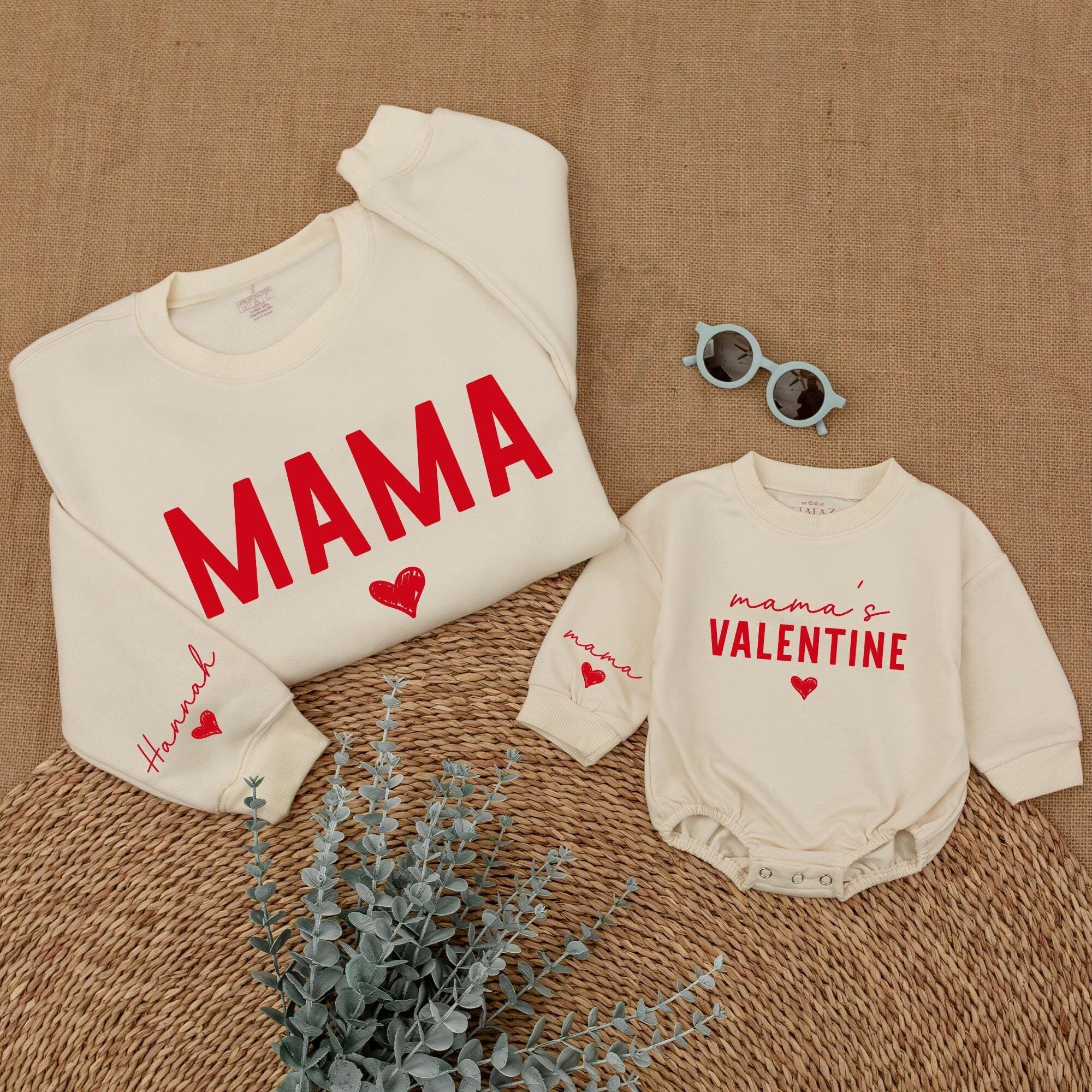 Personalized Mama and Me Valentine's Sweatshirt with Red Heart Cozy Family Matching Outfit Soft Cotton Gift for Mom and Baby