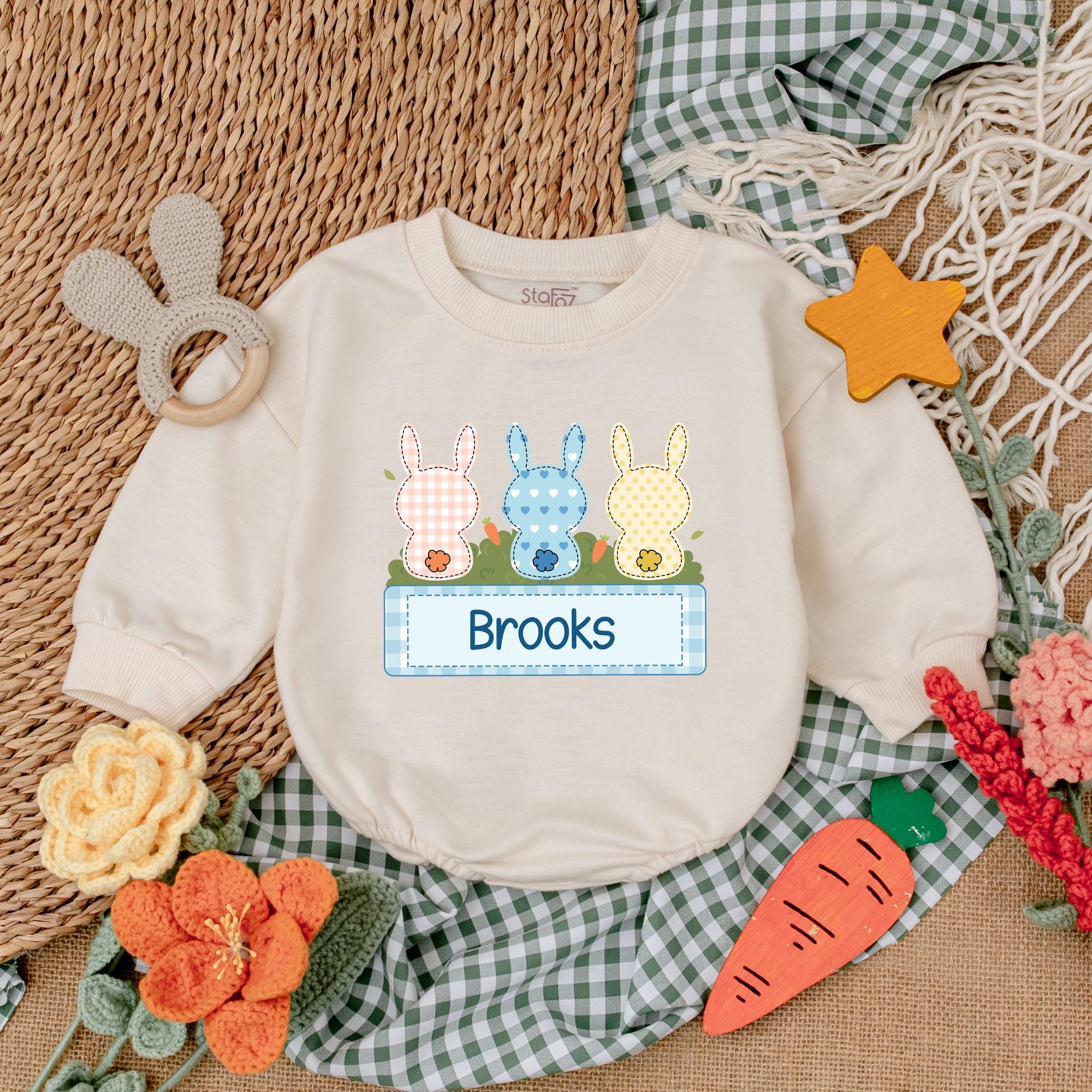 Personalized Easter Bunny Romper with Brooks Name Pastel Colors Baby Boy Outfit Gift for First Easter or Baby Shower