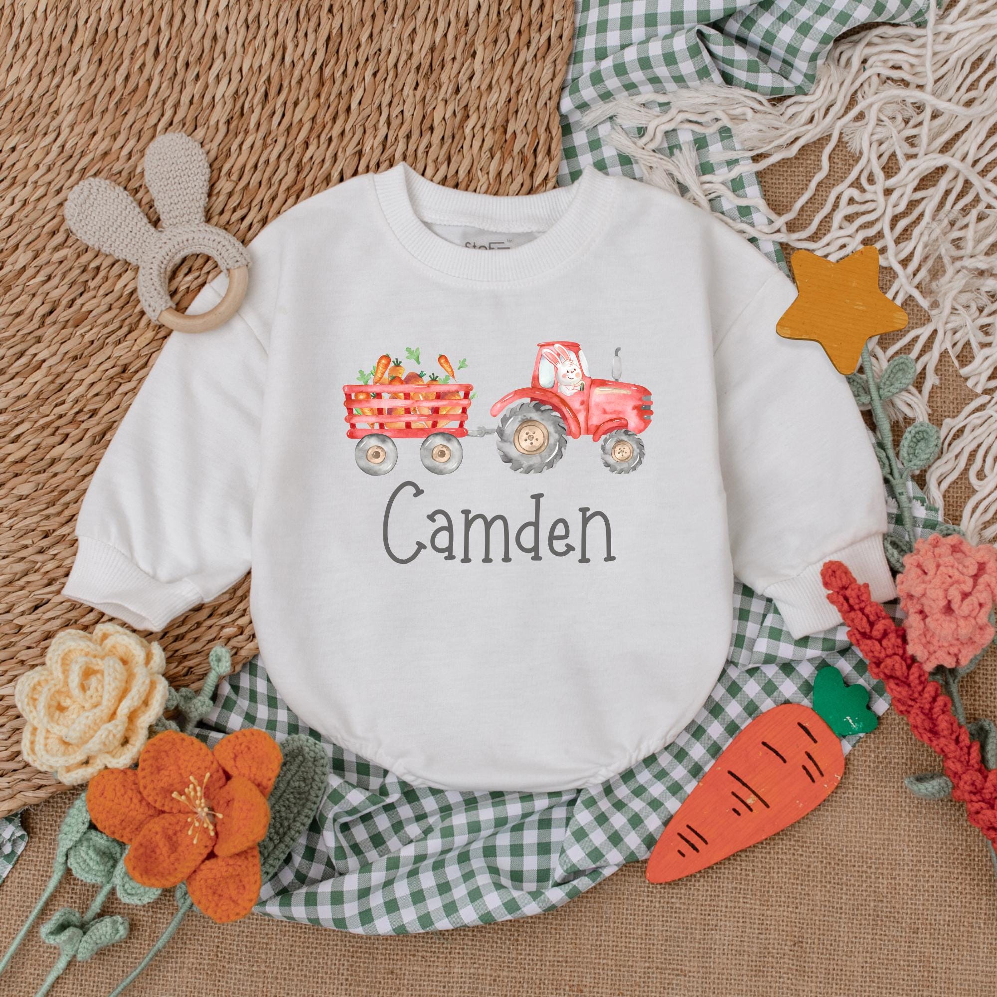 Personalized Easter Tractor Baby Romper with Camden Name for Boys Soft First Easter Outfit Gift Bunny Bodysuit Colorful Egg Design