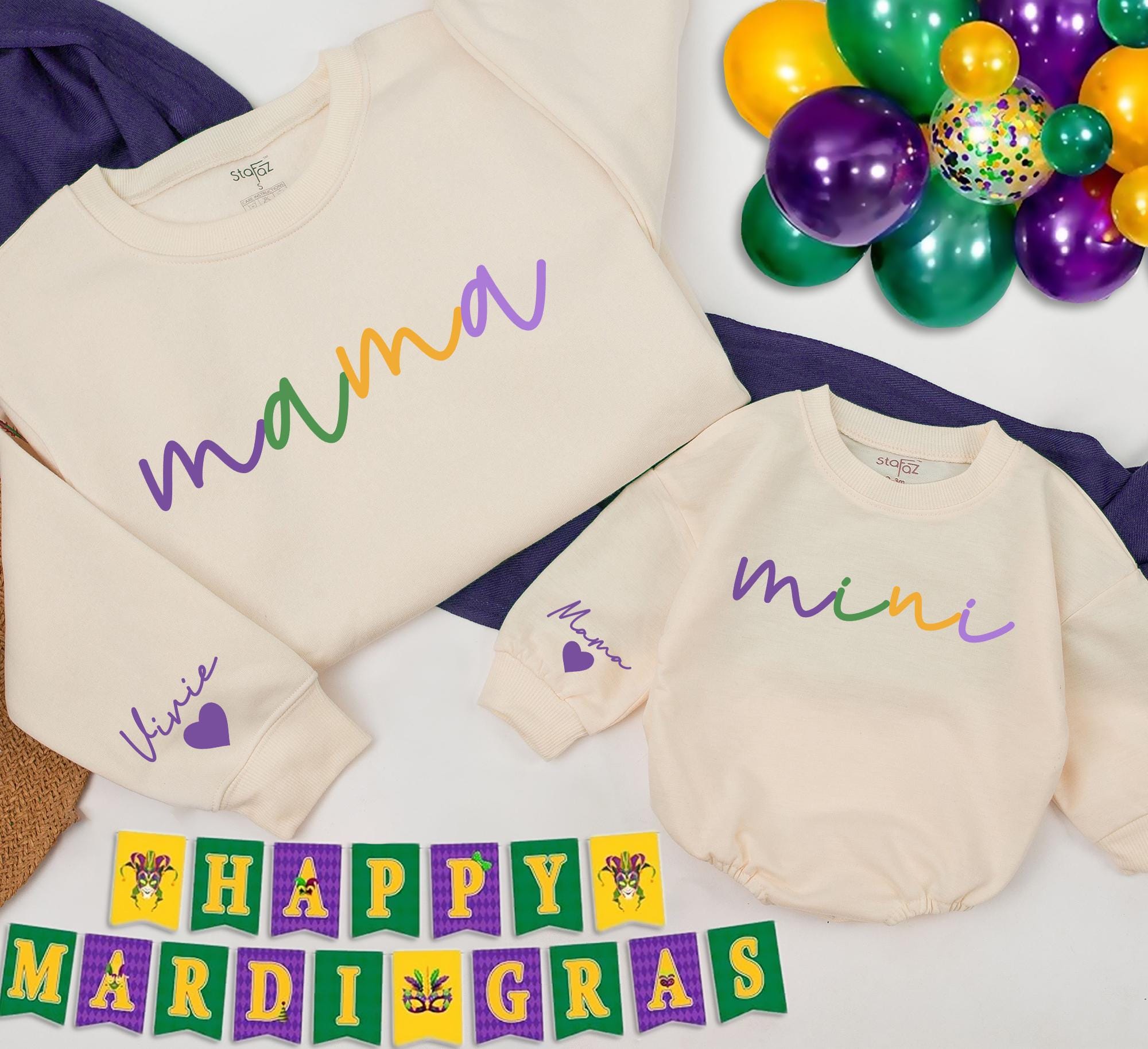 Customizable Mommy & Me Sweatshirts with Name: Mardi Gras Style