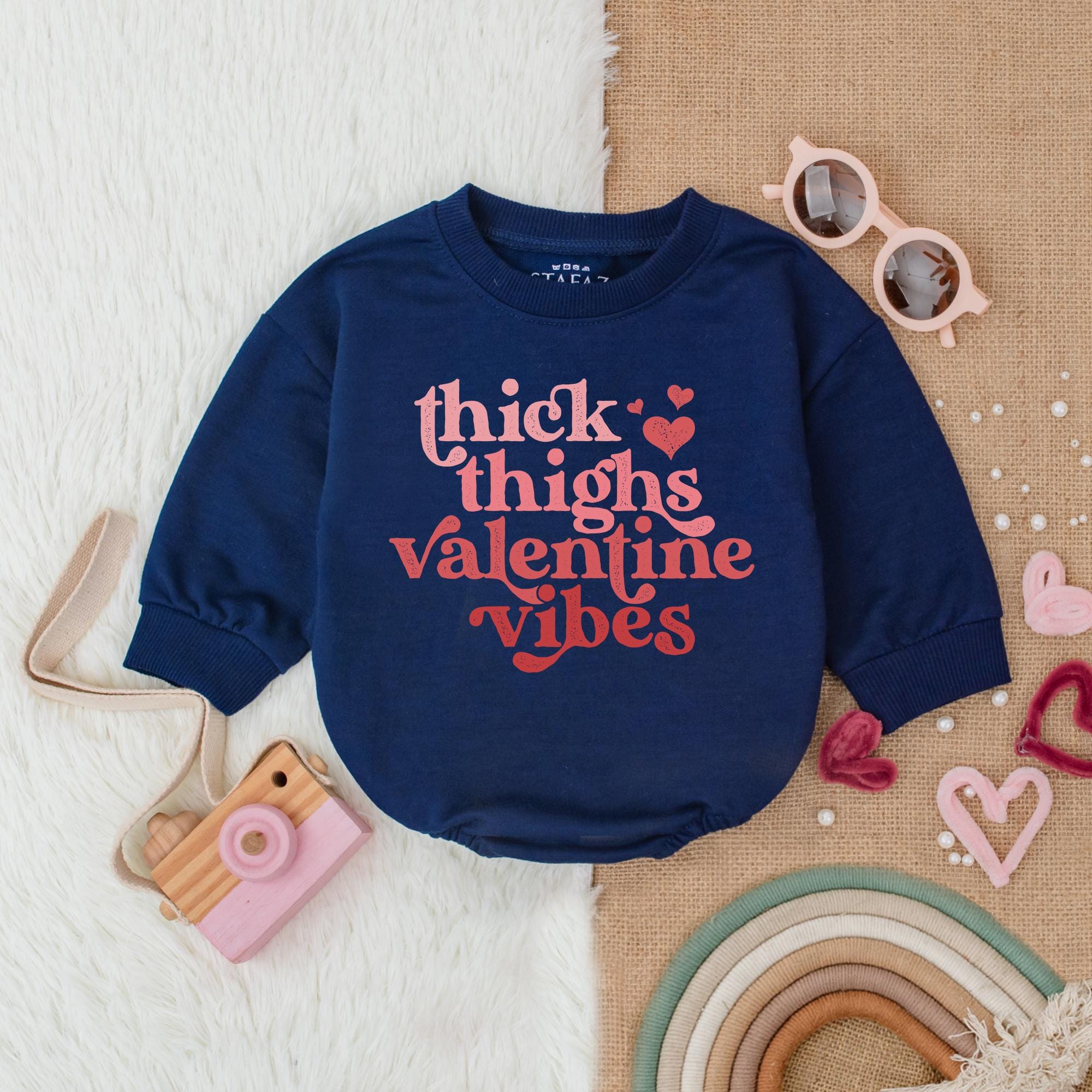 Thick Thighs Valentine Vibes Baby Romper with Heart Graphics Pink Red Festive Design Infant Coming Home Outfit Comfortable Cotton Wear