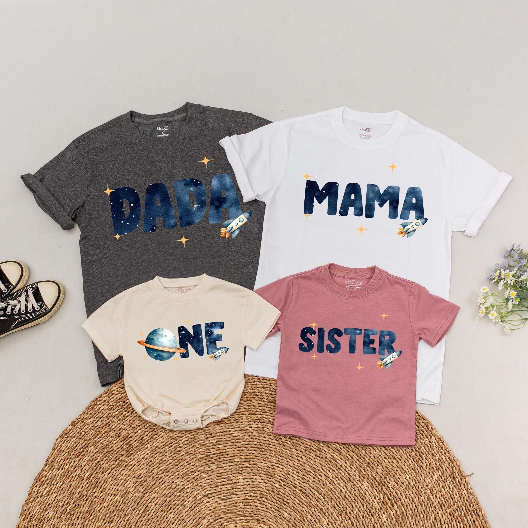 Custom Space Family Matching T-Shirt with Name, 1st Birthday Twinning