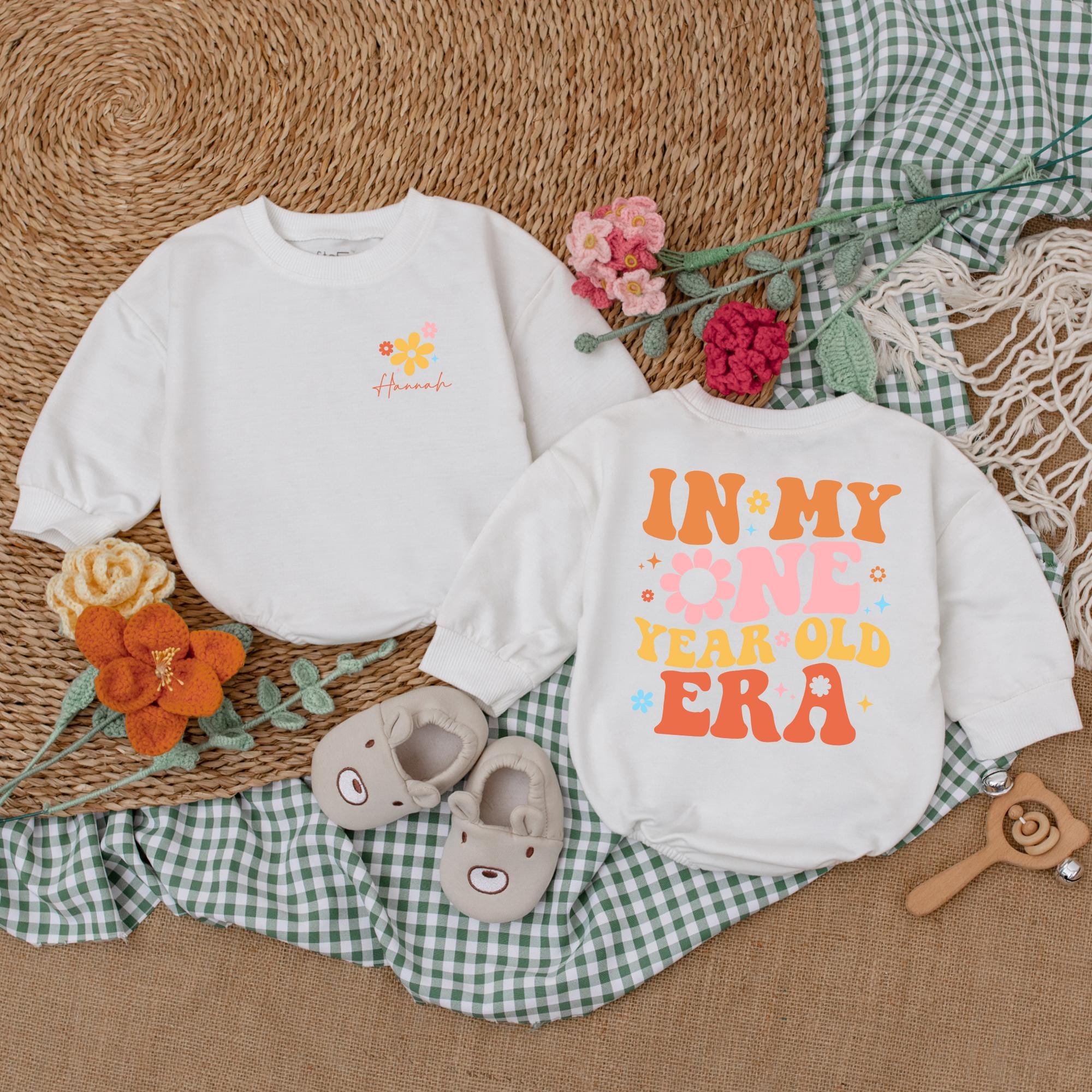 Personalized In My One Year Old Era Romper Baby Girl Birthday Outfit Cotton Toddler Party Bodysuit Fun Retro Design with Flowers