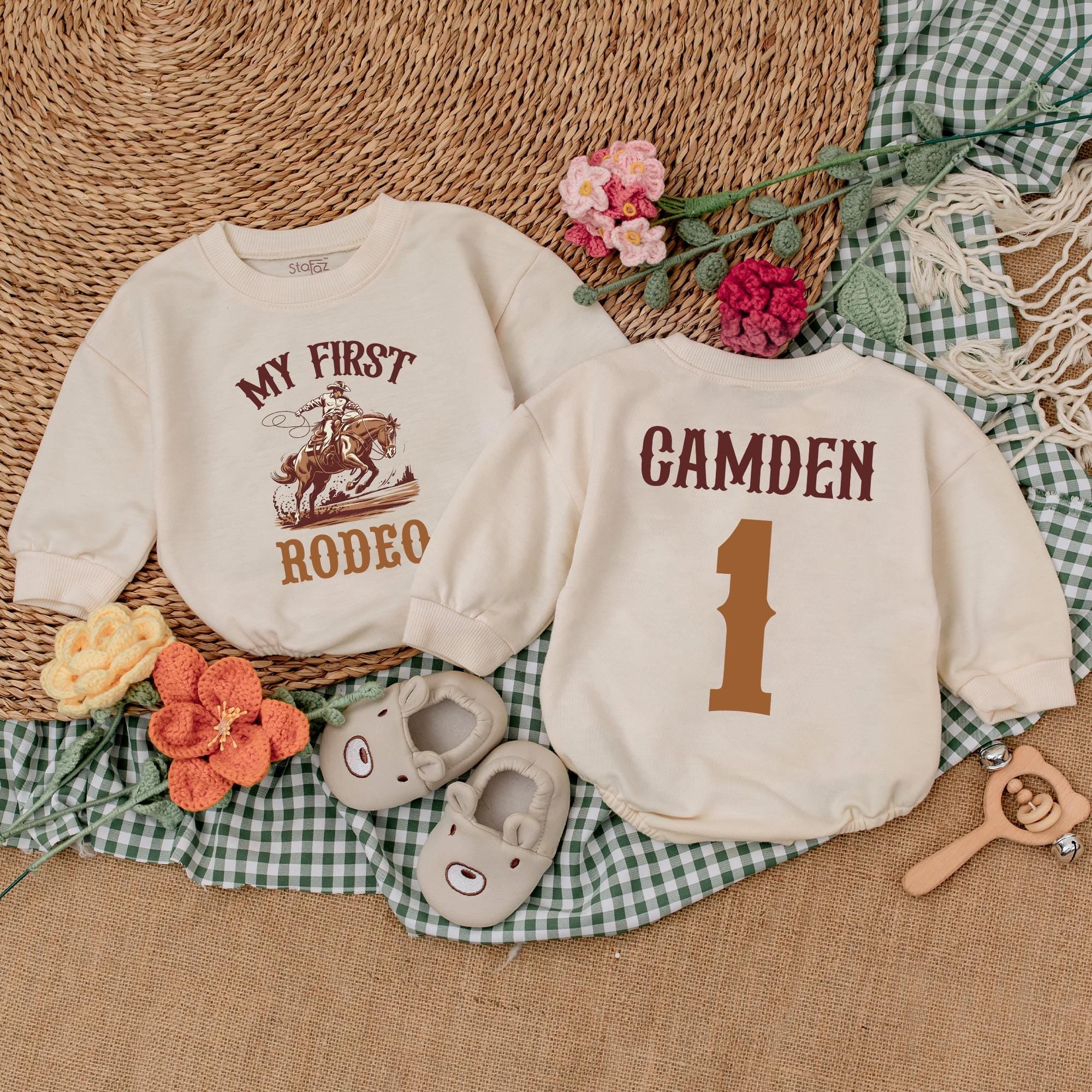 Custom My First Rodeo Romper with Name, Western 1st Birthday Outfit