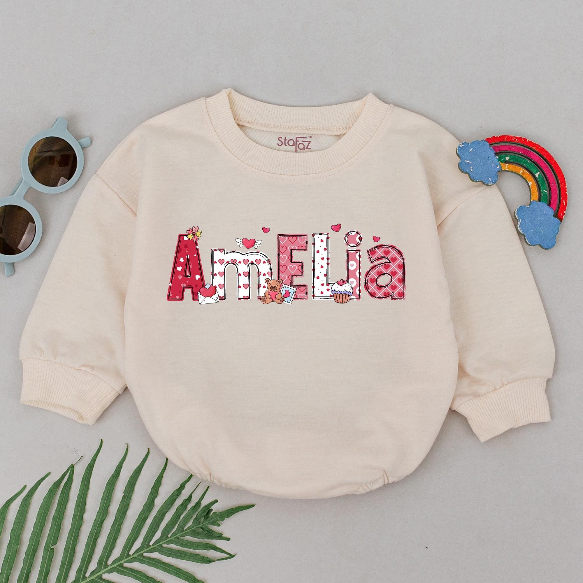 Custom Amelia Baby Girl Romper in Cheerful Colors with Hearts and Cupcakes for 1st Valentine’s Day Celebration Soft Cotton Infant Gift