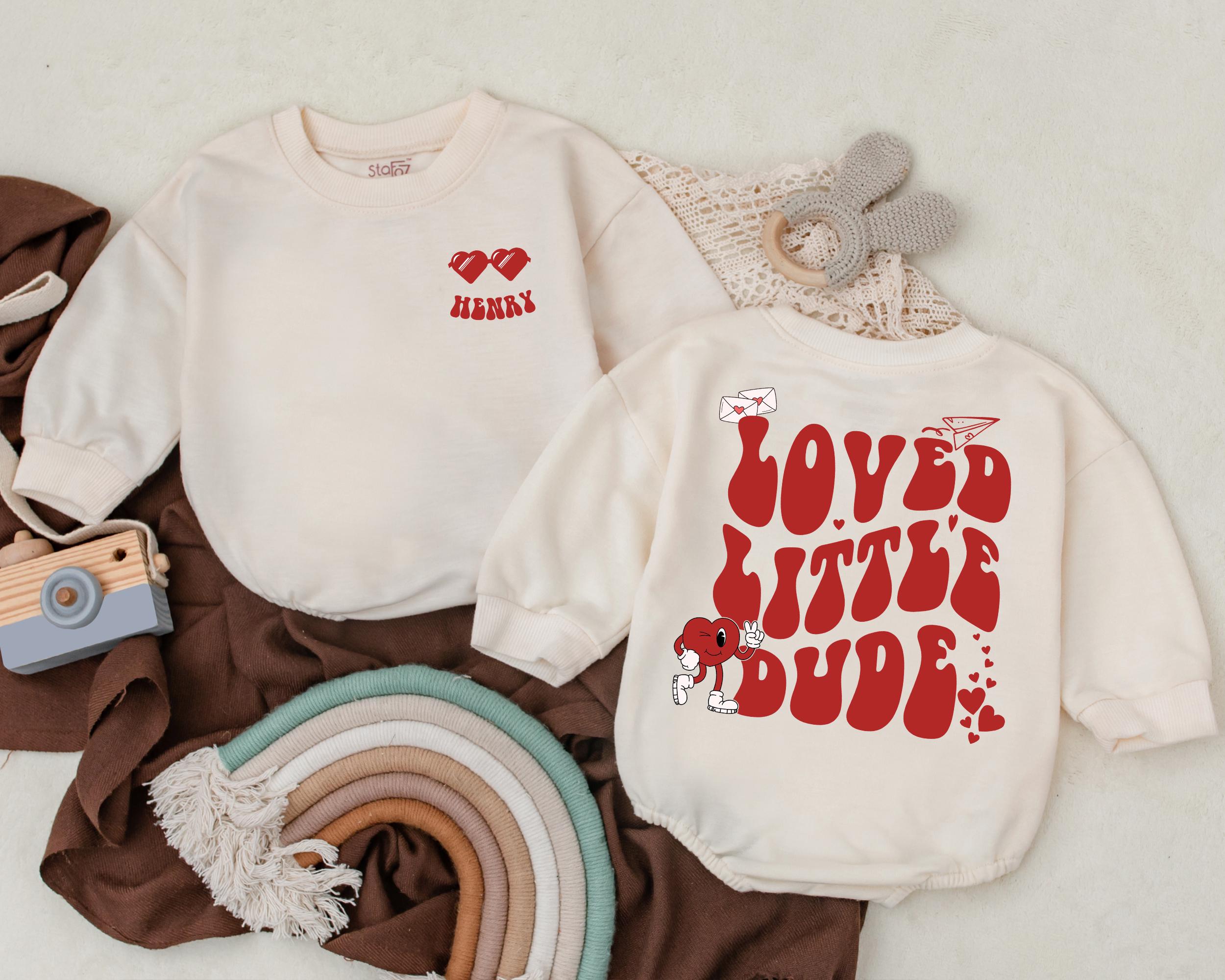 Custom Loved Little Dude Romper with Cartoon and Hearts Valentine's Day Outfit for Boys, Baby Name Cotton Bodysuit Infant Gift
