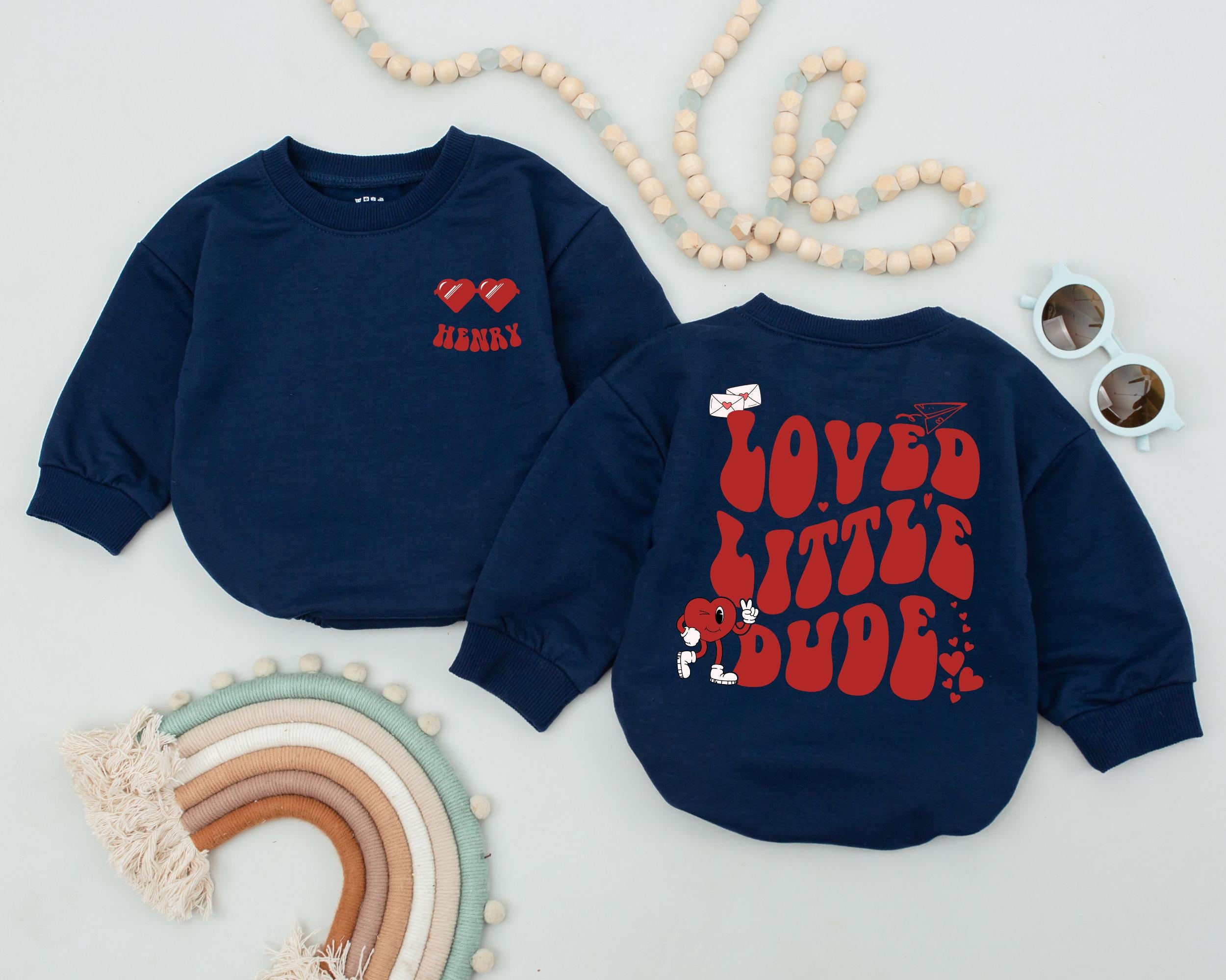 Custom Loved Little Dude Romper with Cartoon and Hearts Valentine's Day Outfit for Boys, Baby Name Cotton Bodysuit Infant Gift