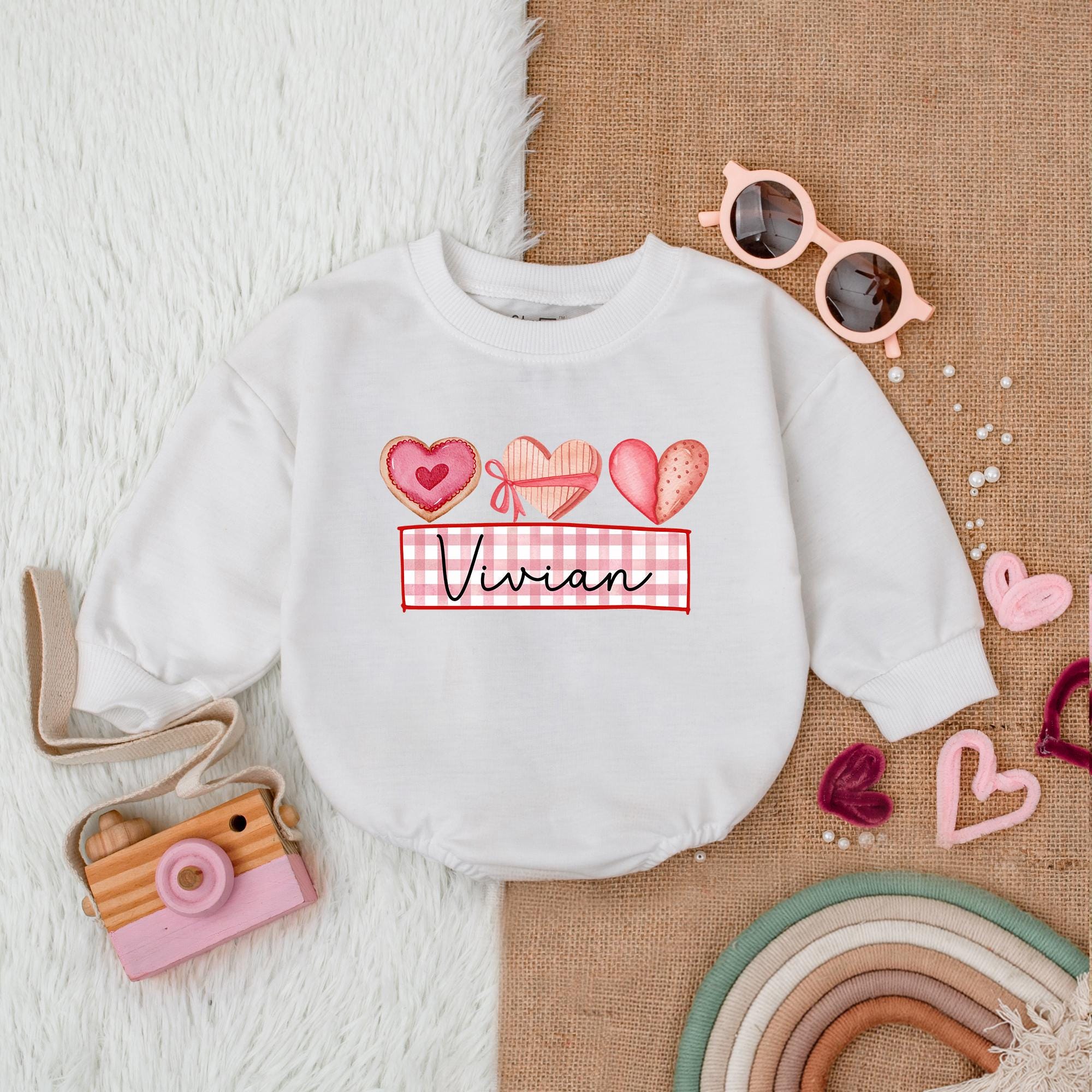 Custom Vivian Heart and Bow Romper for Baby Girl First Valentine's Outfit Cute Personalized Bodysuit Comfortable Cotton Infant Clothes