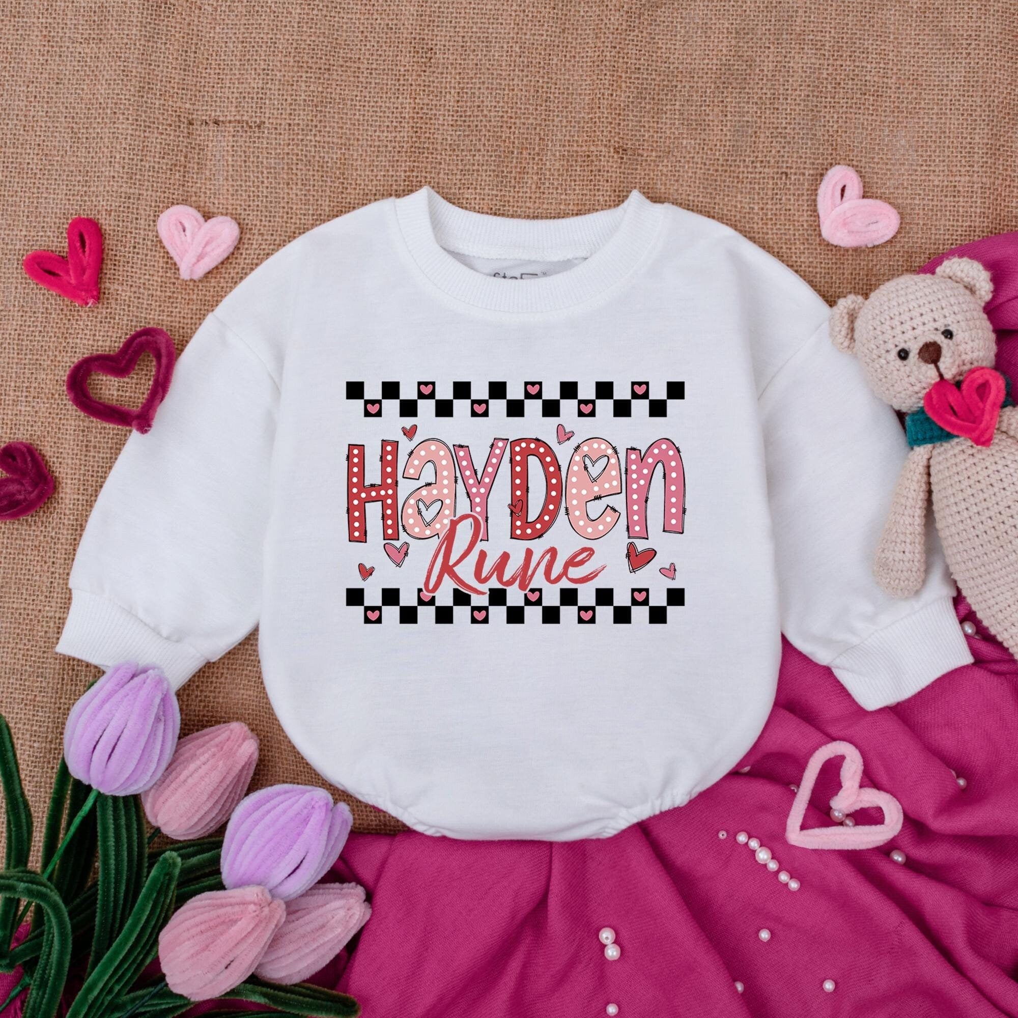 Custom Hayden Rune Checker Valentine Baby Bubble Romper Pink Hearts My First Valentine Outfit Infant Gift Soft Comfortable