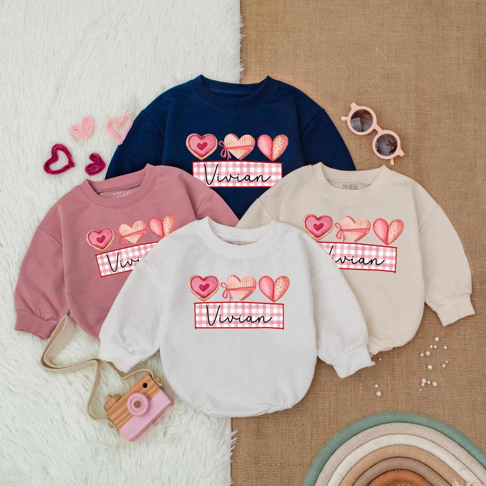 Custom Vivian Heart and Bow Romper for Baby Girl First Valentine's Outfit Cute Personalized Bodysuit Comfortable Cotton Infant Clothes