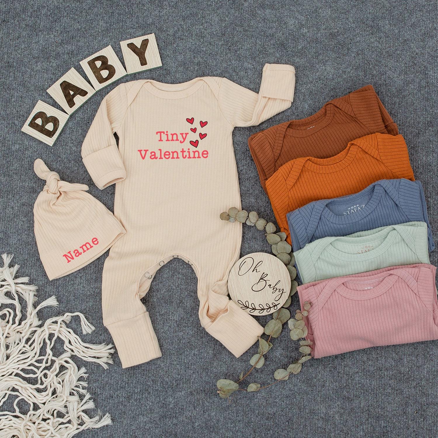Custom Tiny Valentine Bodysuit and Hat Newborn Gift Red Hearts Pattern Festive Baby Outfit Personalized Name for Valentine's Day