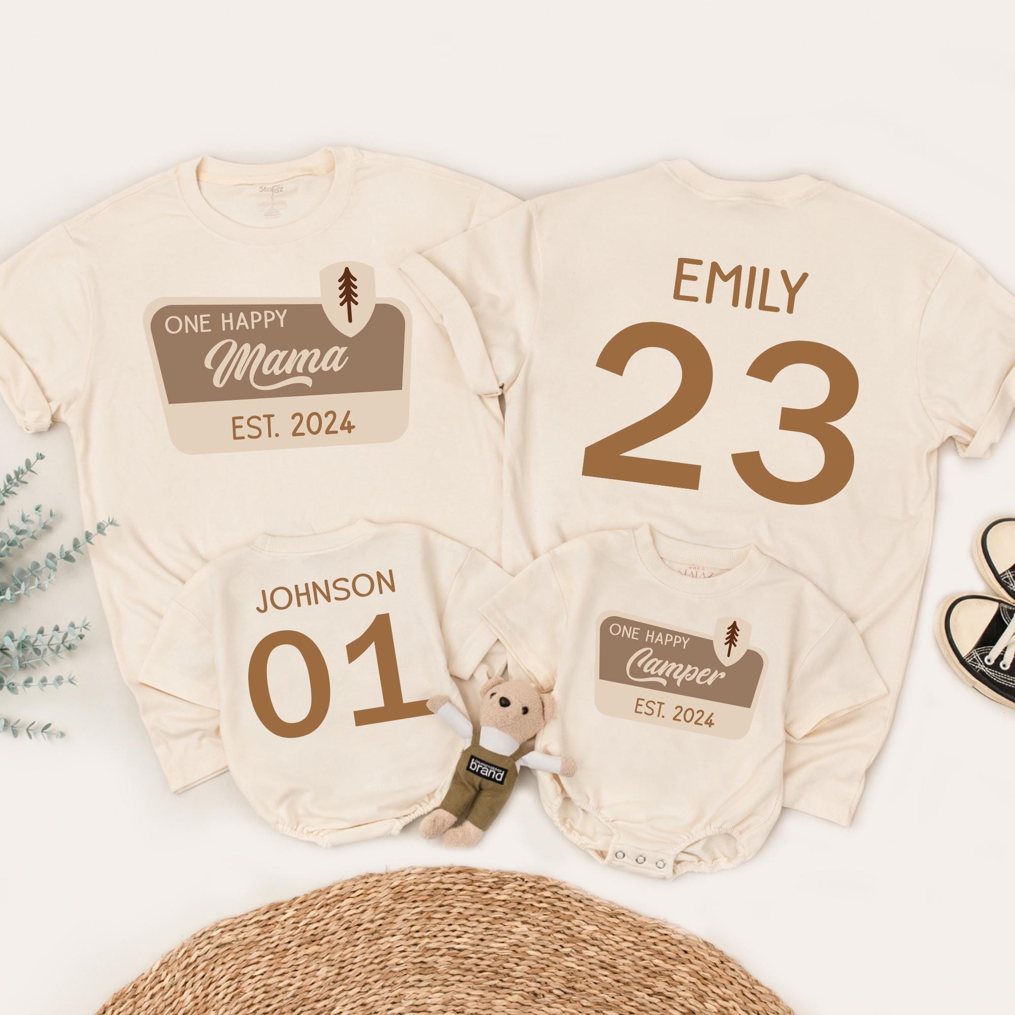 One Happy Camper Personalized Family Tees Soft Cotton Camping Birthday Shirts Custom Names Brown Beige Outdoor Design