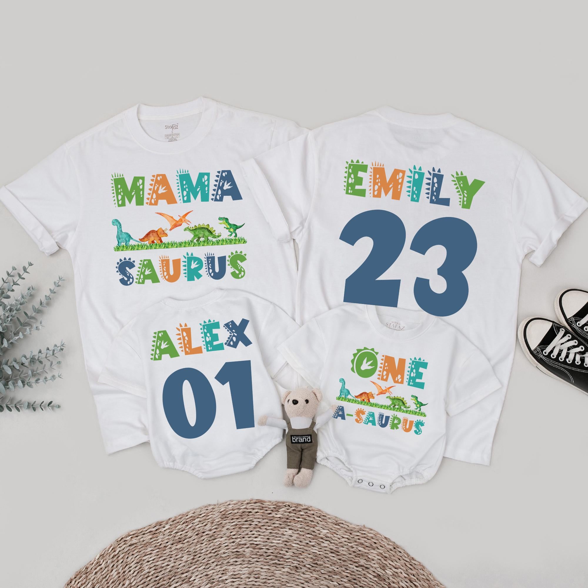 Matching Family Dinosaur Birthday Shirts Custom Name Mama Saurus Dada Saurus Kids Dino Tee Vibrant Colors Fun Playful Design