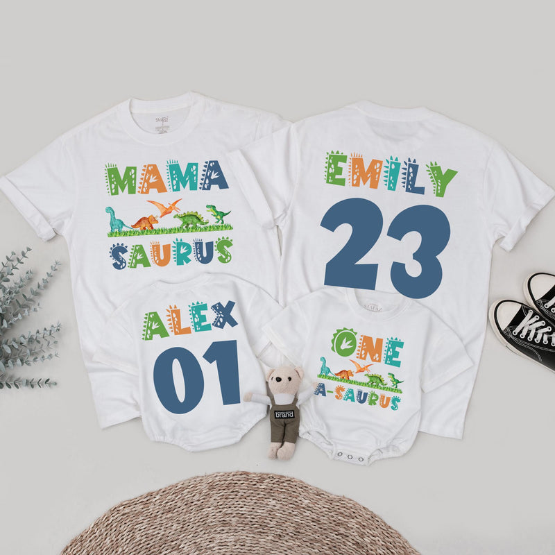 Matching Family Dinosaur Birthday Shirts Custom Name Mama Saurus Dada Saurus Kids Dino Tee Vibrant Colors Fun Playful Design