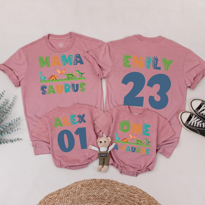 Matching Family Dinosaur Birthday Shirts Custom Name Mama Saurus Dada Saurus Kids Dino Tee Vibrant Colors Fun Playful Design
