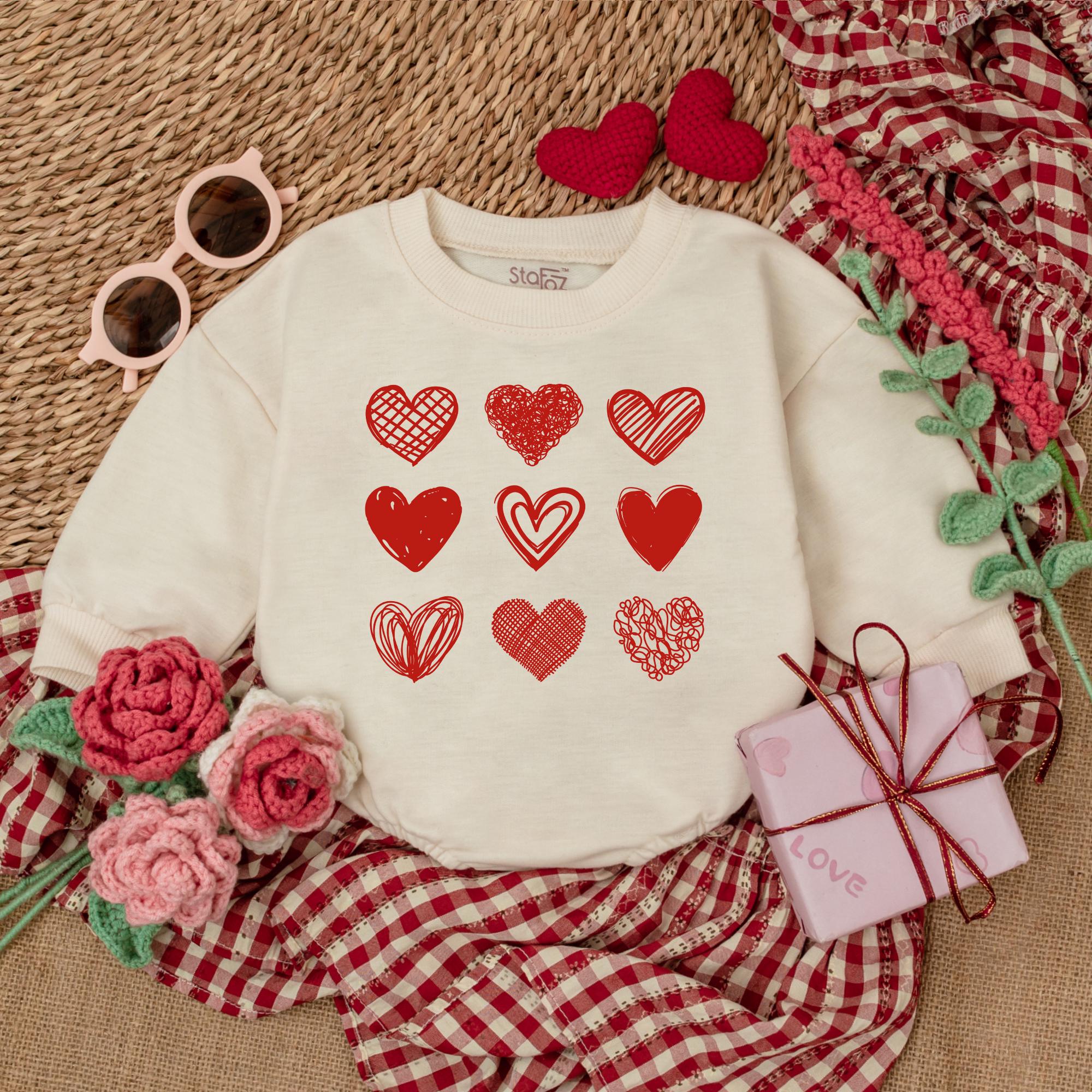 Charming Retro Hearts Baby Romper Valentine Outfit Soft Cotton First Holiday Clothes Unique Textured Pattern Design