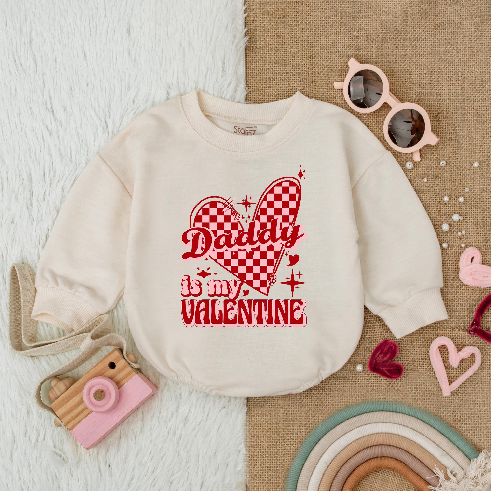 Daddy Is My Valentine Baby Romper with Heart Design Cute First Valentine's Day Bodysuit for Girls Comfortable Infant Gift Outfit