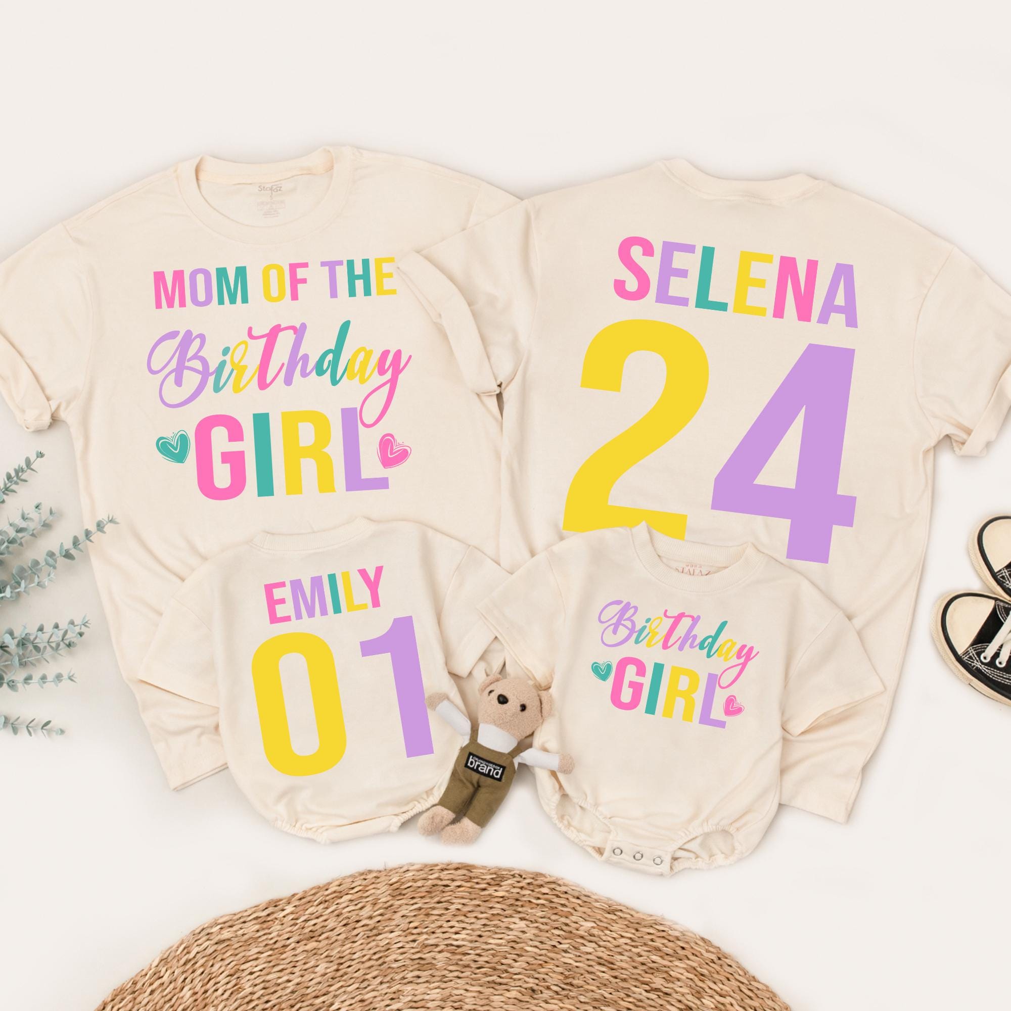 Matching Birthday Girl Family Shirts with Custom Names Colorful Design Mom Dad Gift
