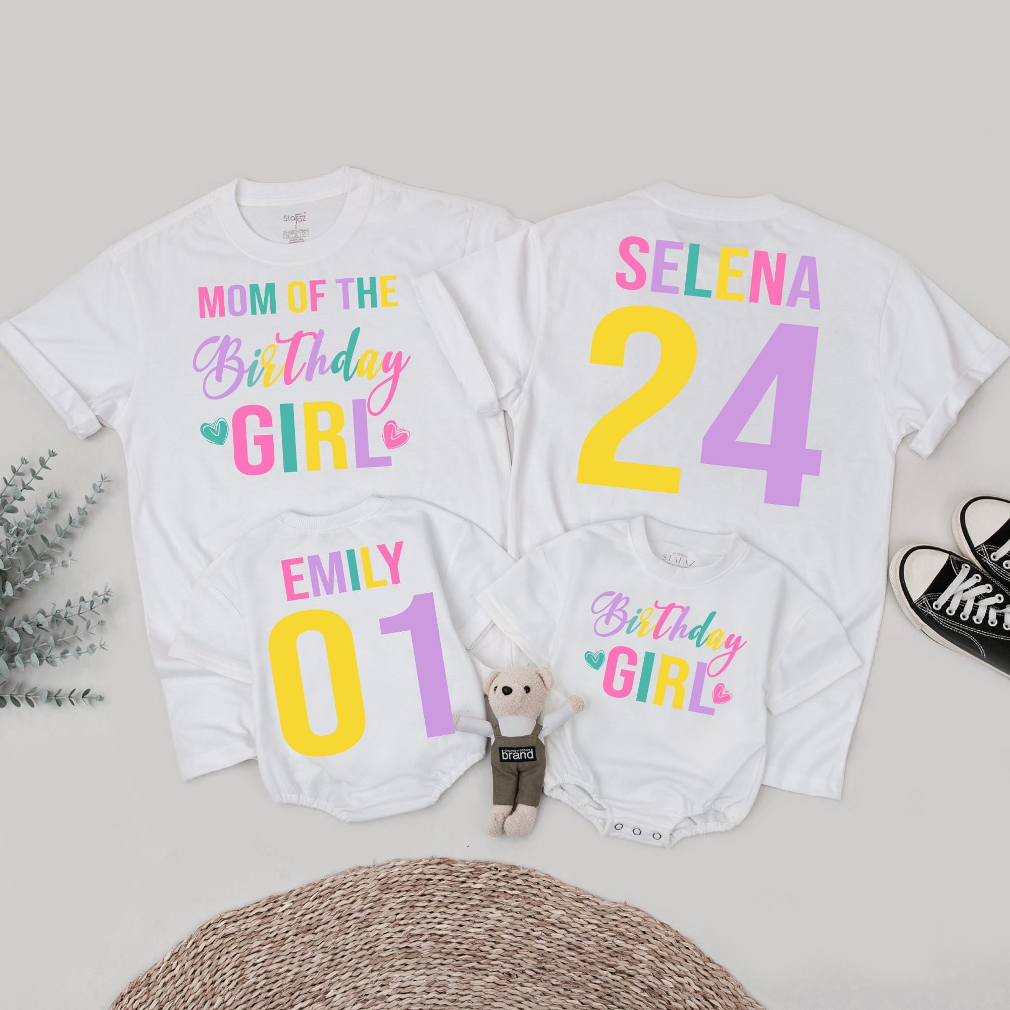 Matching Birthday Girl Family Shirts with Custom Names Colorful Design Mom Dad Gift