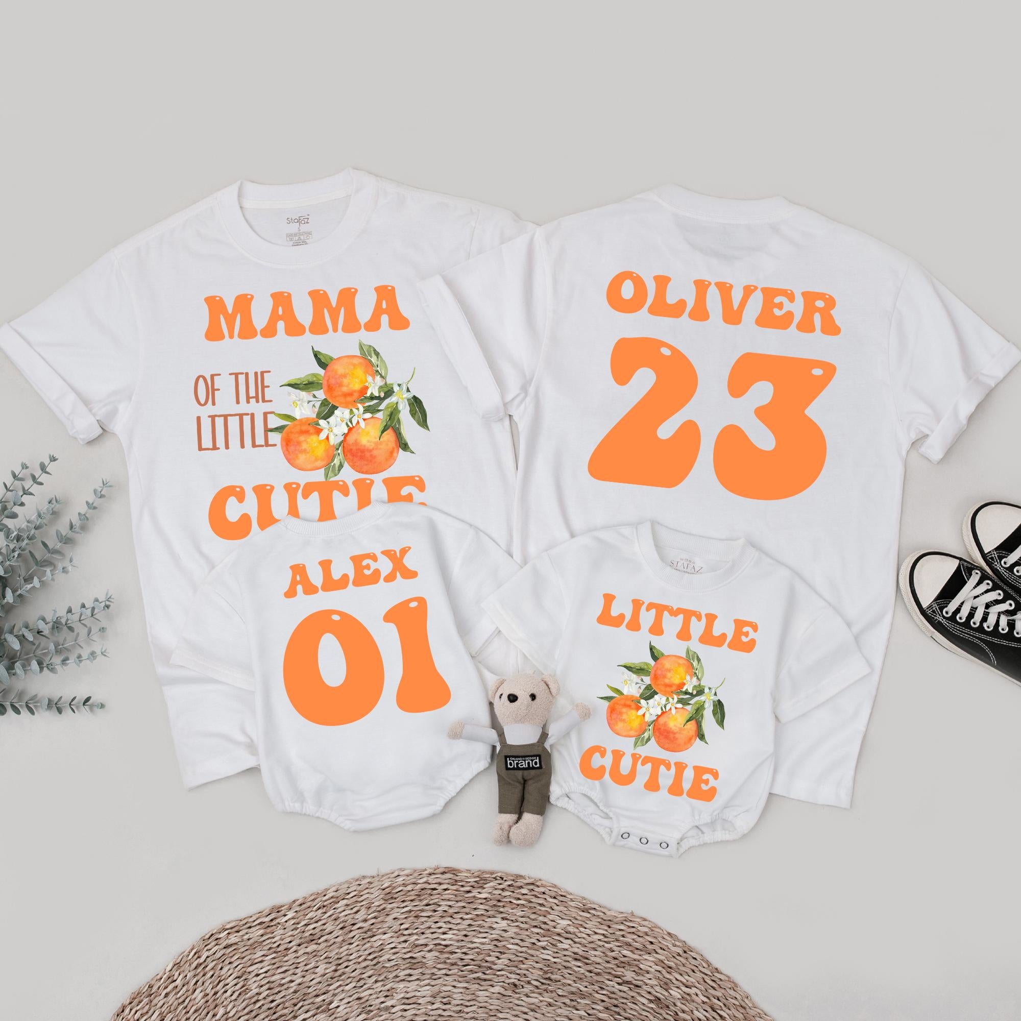 Personalized Little Cutie Family T-Shirts and Baby Romper with Orange Fruit Design Birthday Party Gift Soft Cotton Outfit