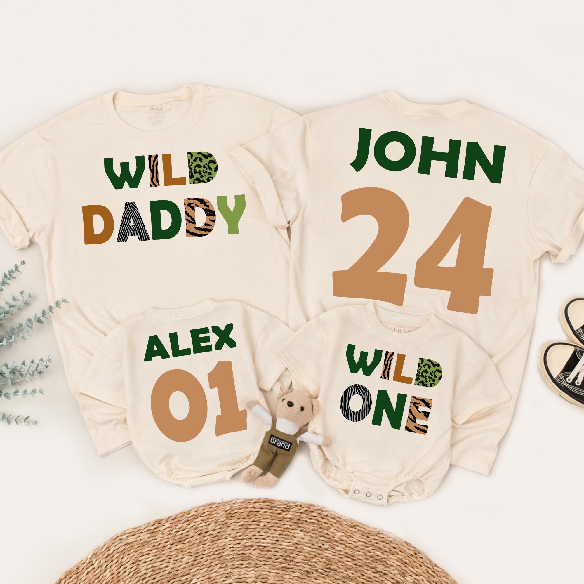 Wild One Safari Family Matching Shirts Custom Birthday Outfit Animal Print Toddler Tee Personalized Name Number Adventure Party Look