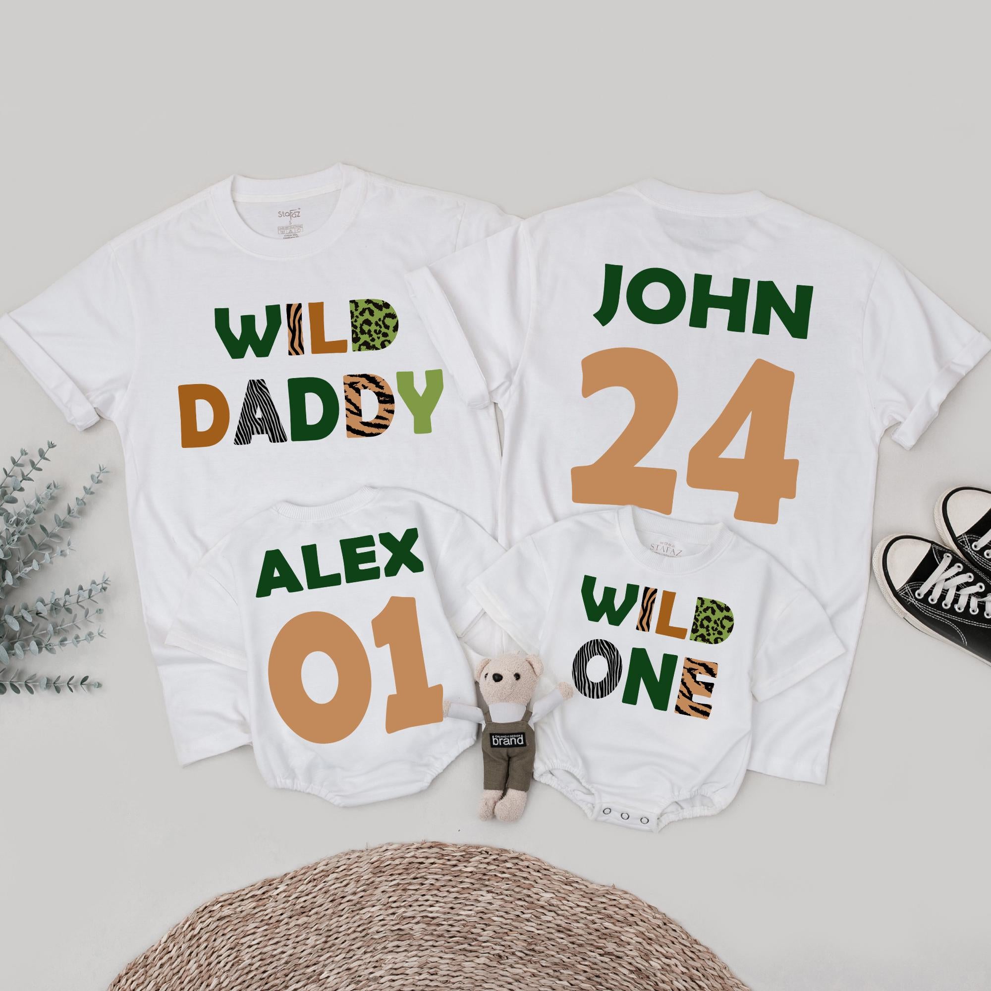 Wild One Safari Family Matching Shirts Custom Birthday Outfit Animal Print Toddler Tee Personalized Name Number Adventure Party Look