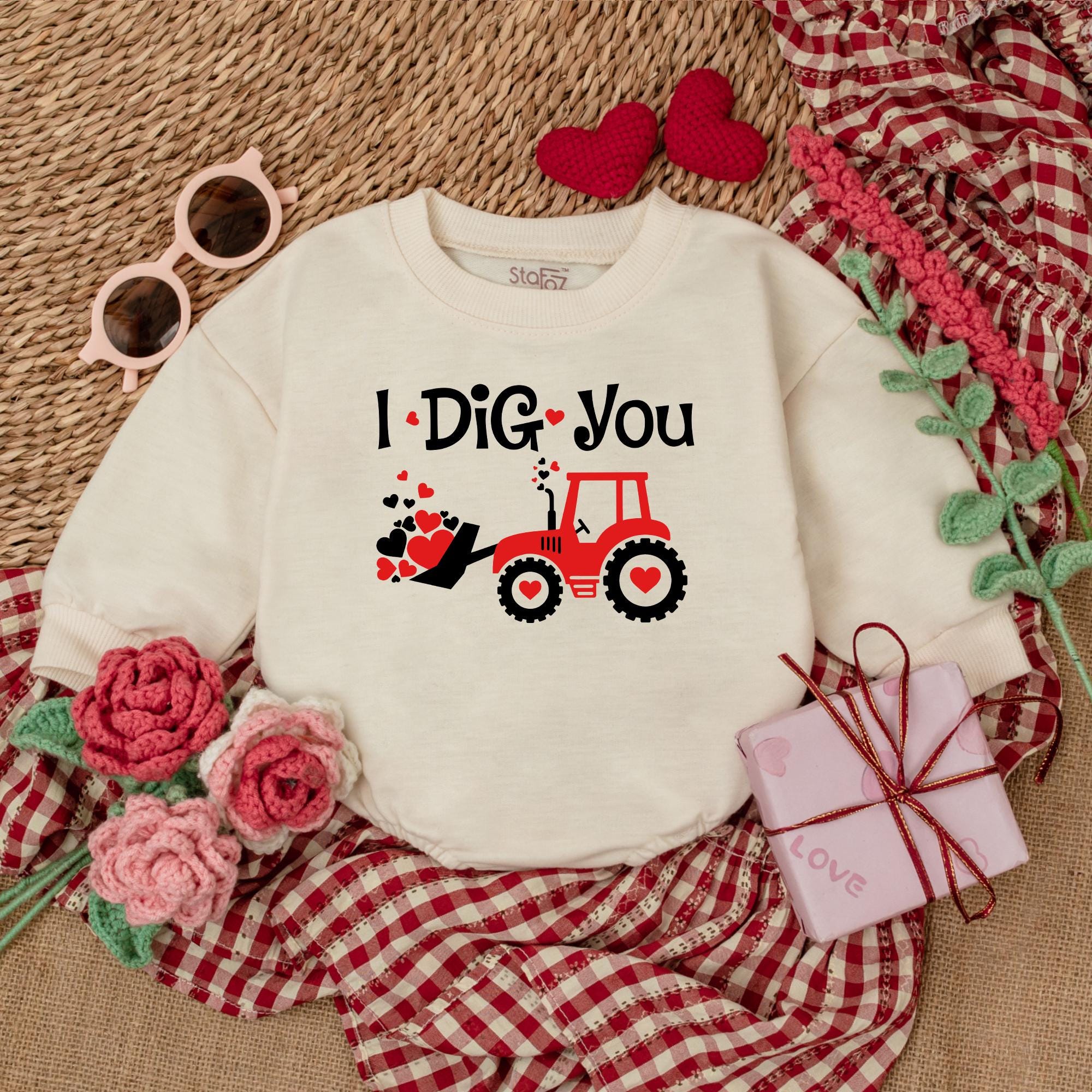 I Dig You Baby Romper with Red Tractor Heart Wheels Valentine's Day Gift Cute Infant Clothes First Holiday Outfit Soft Cotton