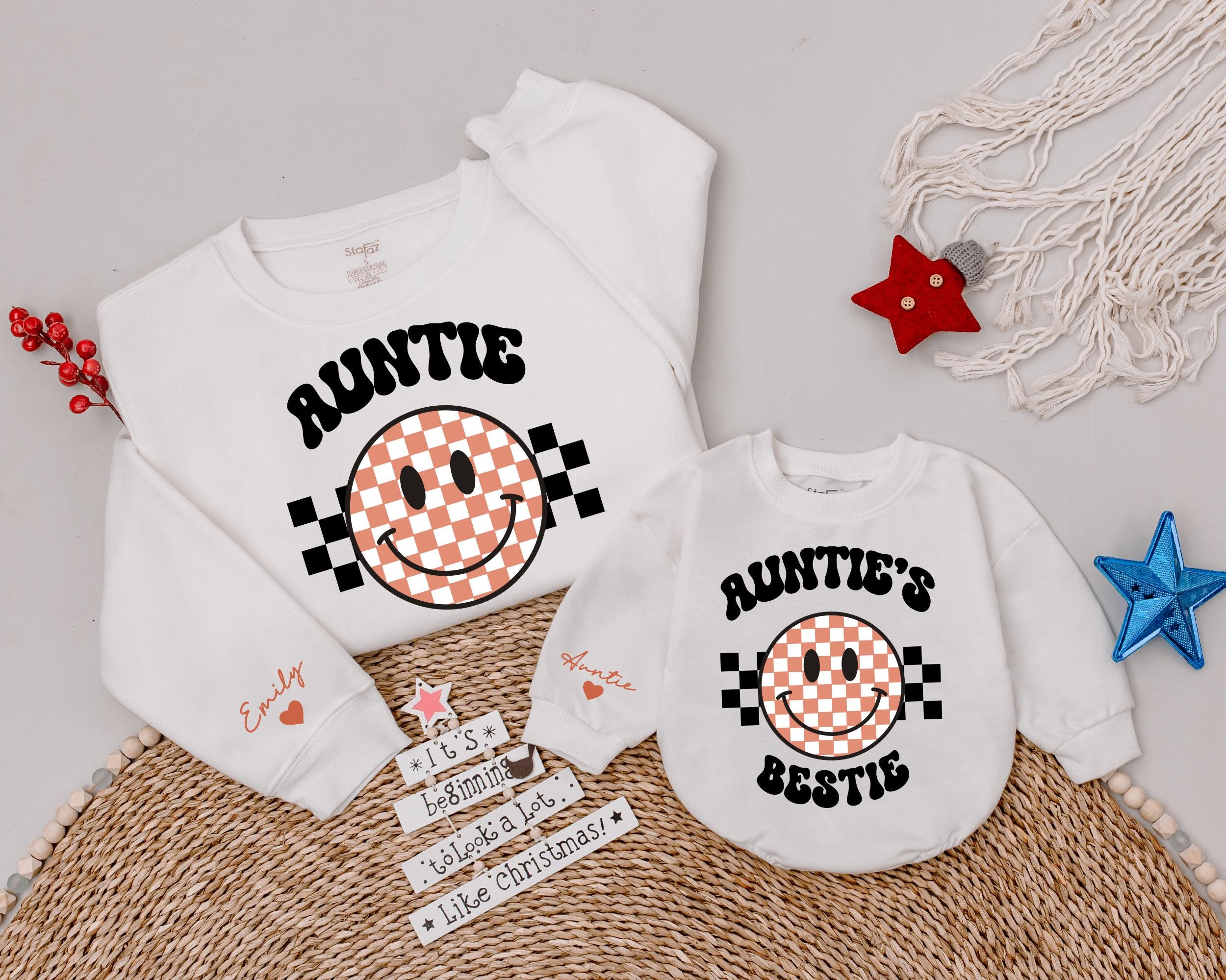 Personalized Auntie & Bestie Sweaters with Checkered Face Design