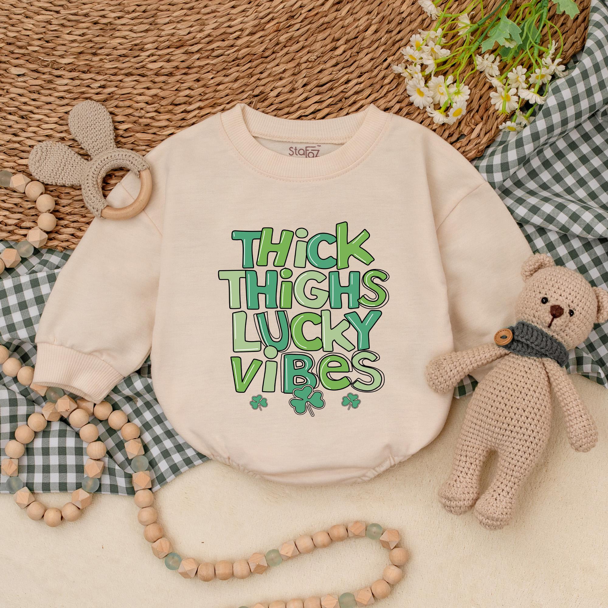 Thick Thighs Lucky Vibes Baby Romper St Patrick's Day Outfit First Holiday Gift Cute Shamrock Design Soft Cotton Comfort