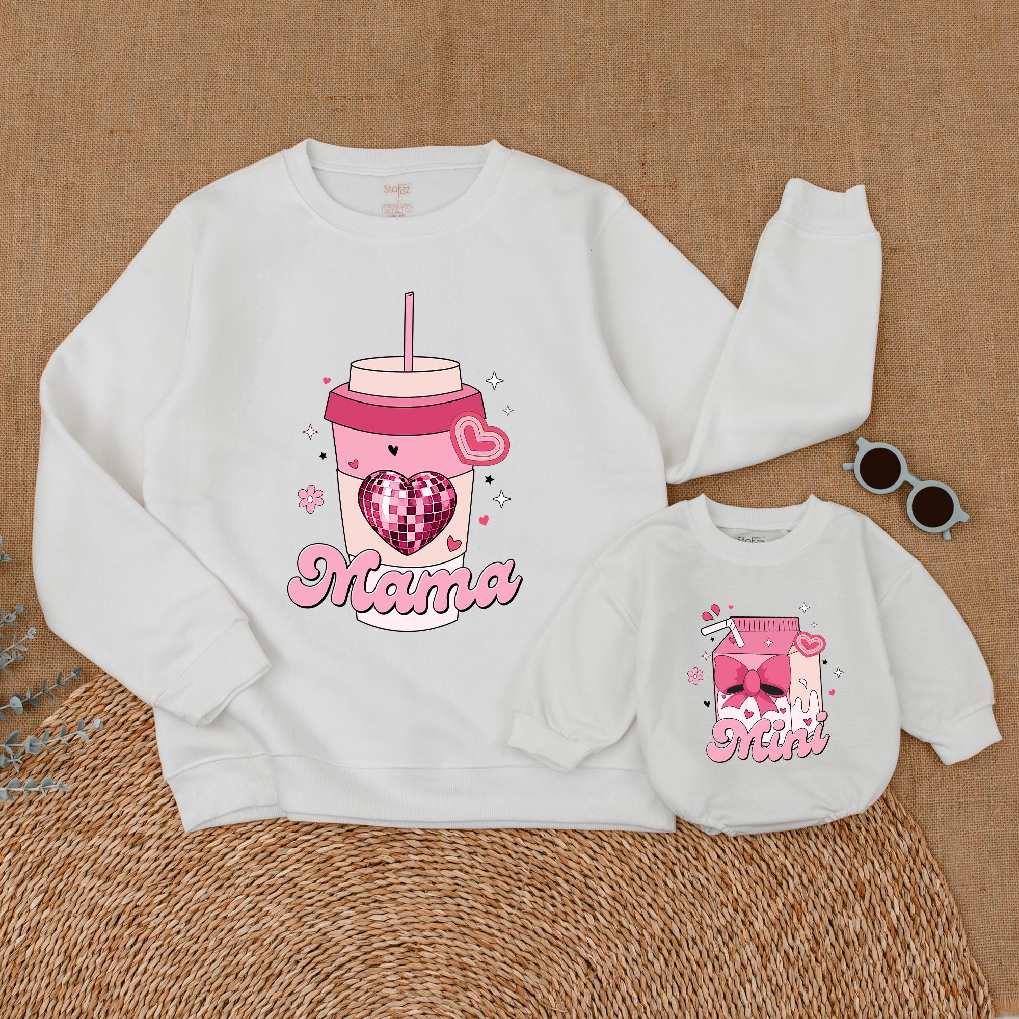 Matching Mama and Mini Valentine Sweatshirts with Coffee Cup Heart Design Cozy Family Holiday Gift Soft Cotton Baby and Mom Outfit