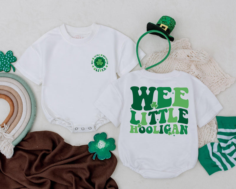 Personalized Wee Little Hooligan Baby Romper with Green Clover St. Patrick's Day Infant Outfit Irish Gift Soft Cotton First Holiday