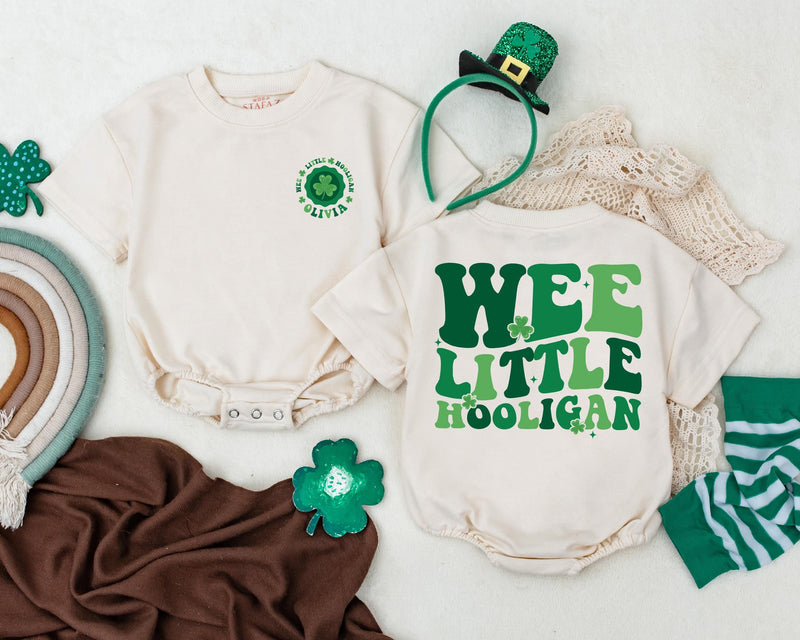 Personalized Wee Little Hooligan Baby Romper with Green Clover St. Patrick's Day Infant Outfit Irish Gift Soft Cotton First Holiday
