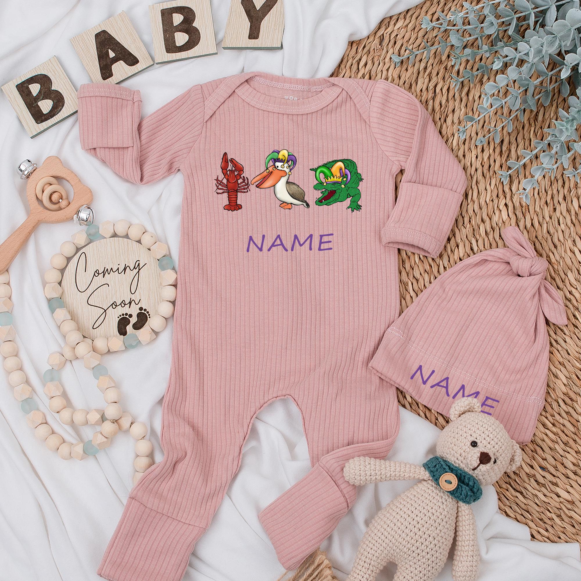 Custom Mardi Gras Baby Bodysuit Set with Crawfish Pelican Alligator Design Soft Cotton Personalized Outfit for Holidays Parties