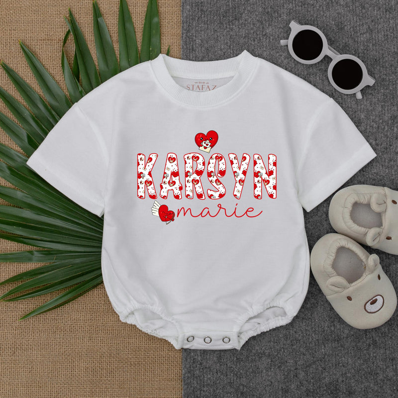 Personalized Baby Romper with Heart Pattern Custom Name Valentines Outfit for Girls Soft Cotton Infant Bodysuit Red and White Design