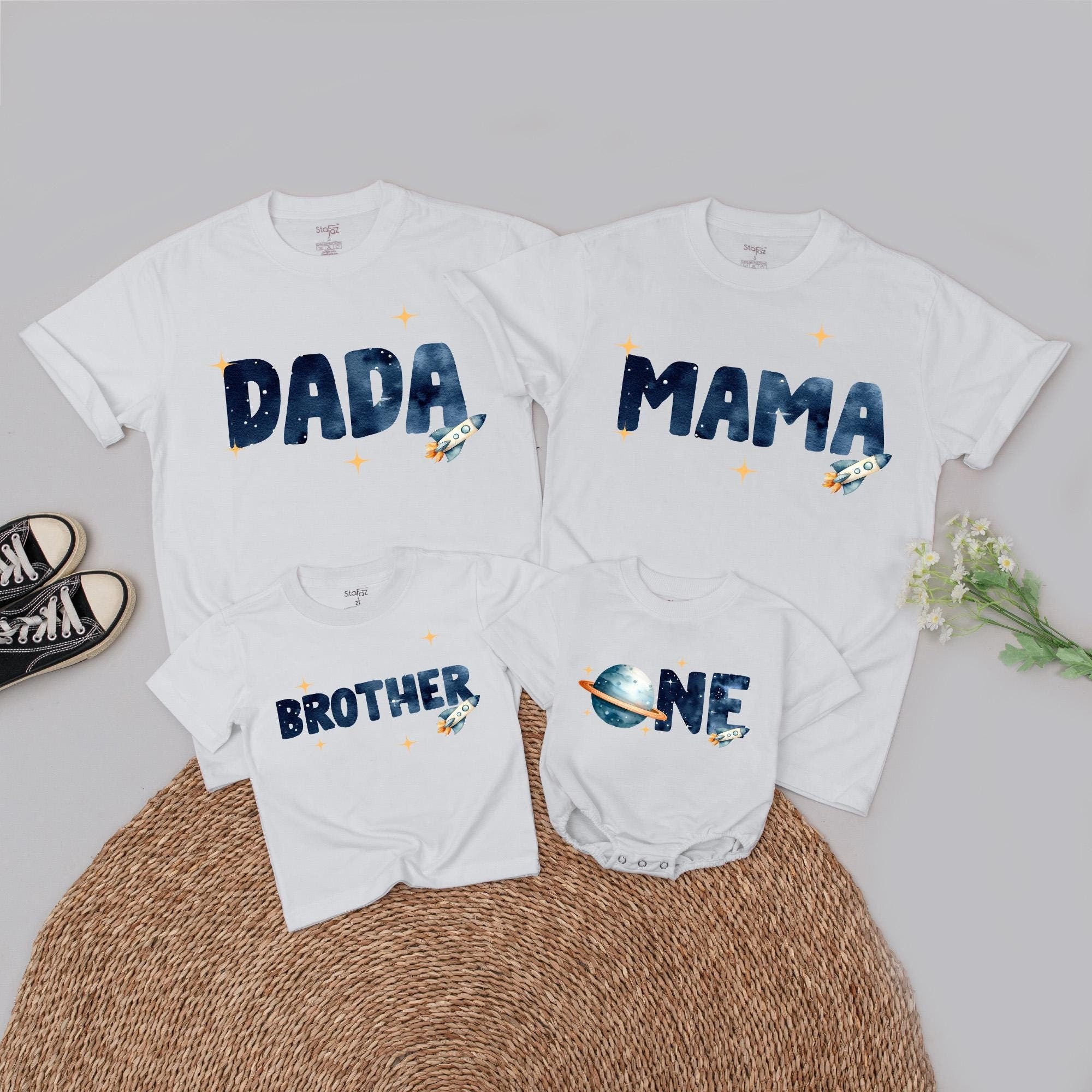 Custom Space Family Matching T-Shirt with Name, 1st Birthday Twinning