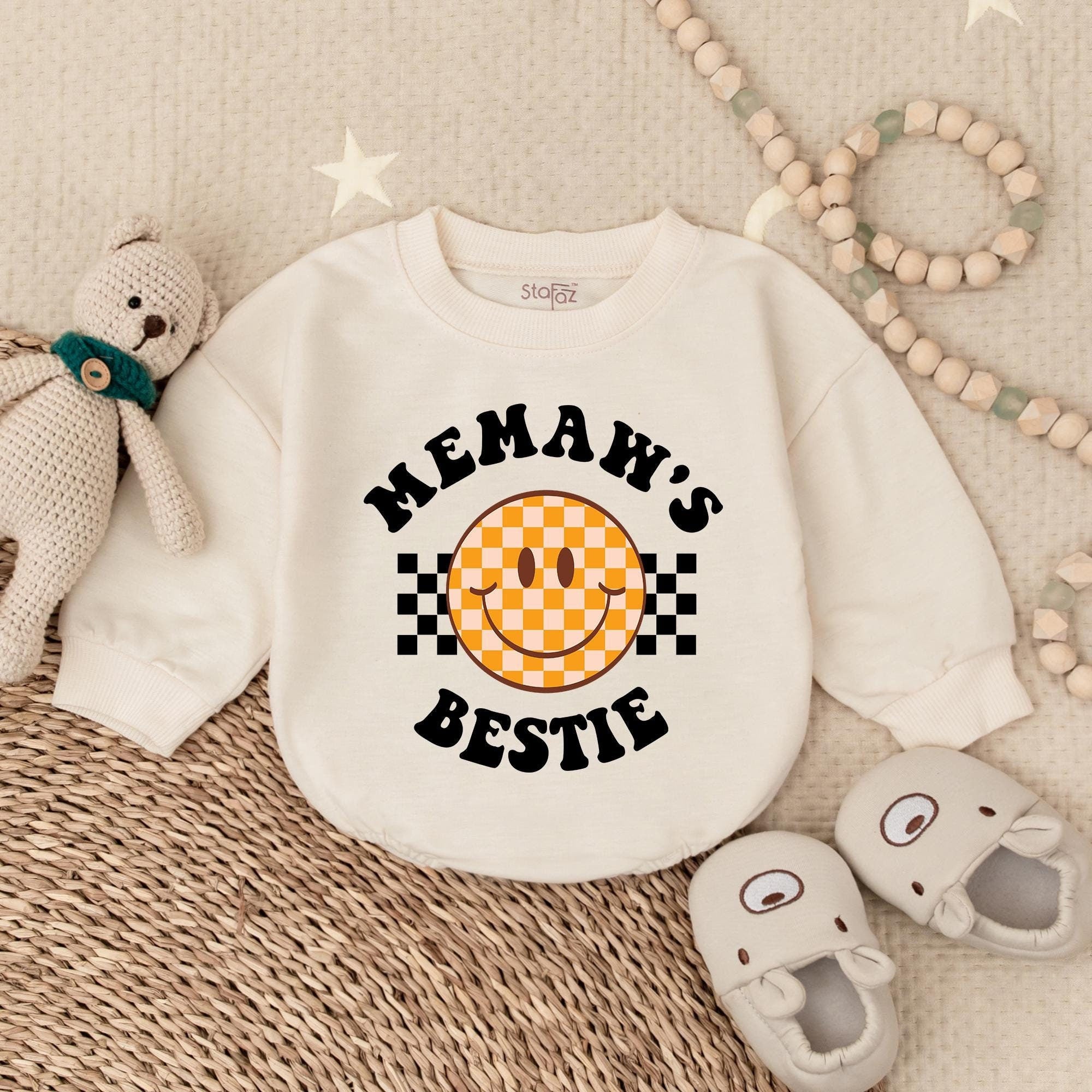 Memaw's Bestie Baby Girl Bubble Romper Retro Smiley Face Outfit Newborn Announcement Cozy Cotton Infant Apparel Fun Checkered Design