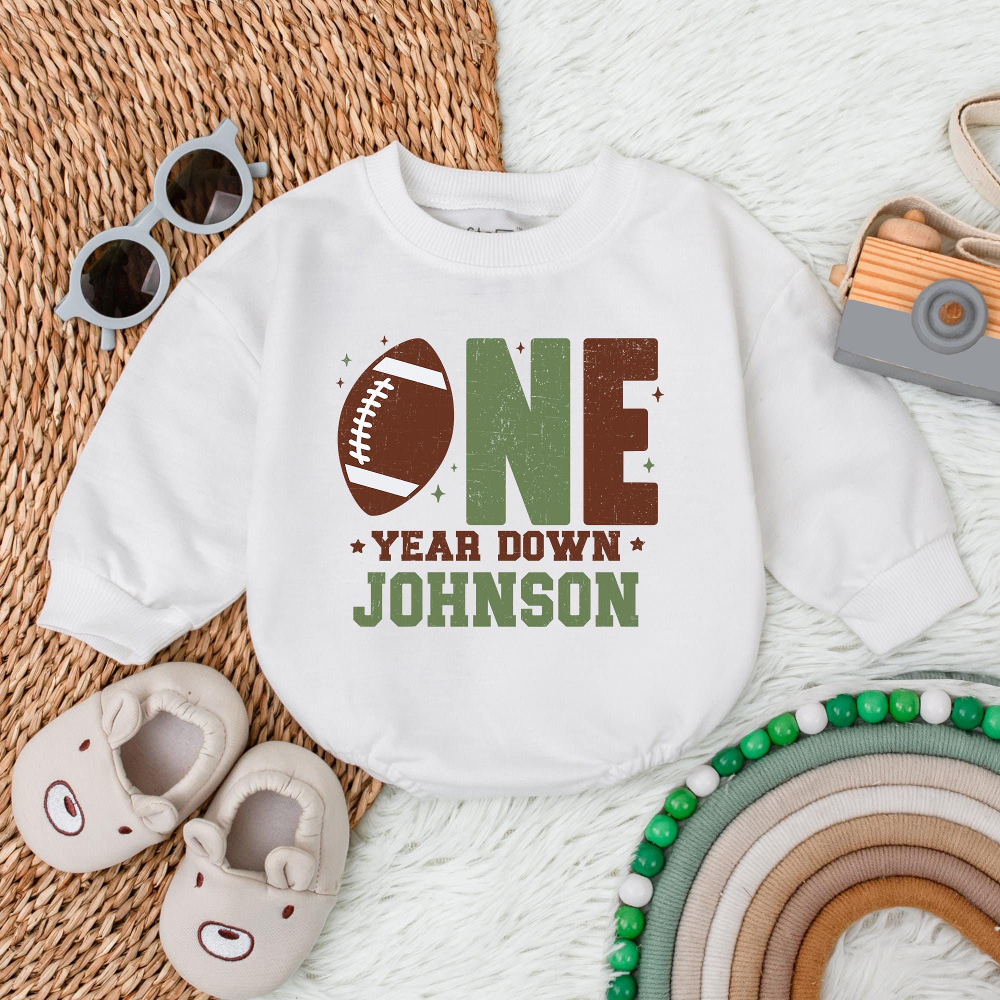 Personalized Football First Birthday Baby Romper with Custom Name Soft Cotton Outfit Earthy Tones Sporty One Year Down Theme