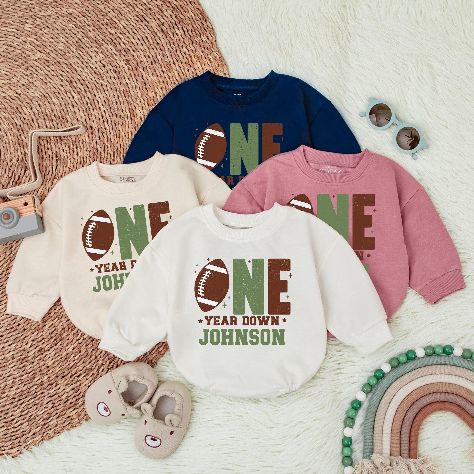 Personalized Football First Birthday Baby Romper with Custom Name Soft Cotton Outfit Earthy Tones Sporty One Year Down Theme