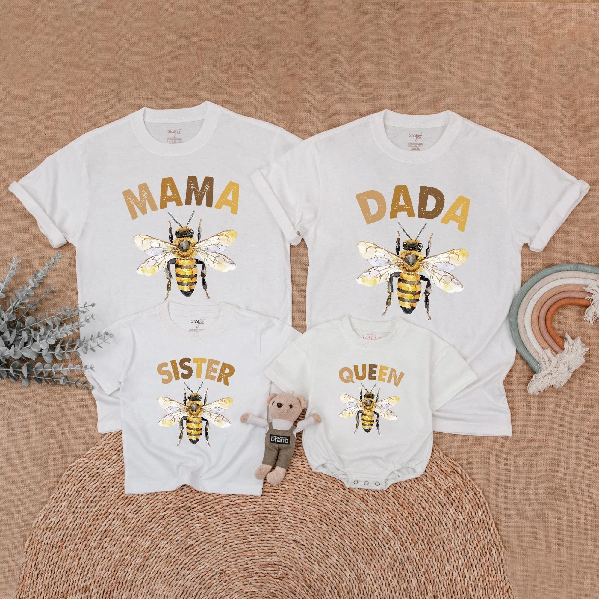 Personalized Matching Family Bee Shirts for First Birthday Celebration Vibrant Yellow Black Design Custom Names Soft Cotton Outfit