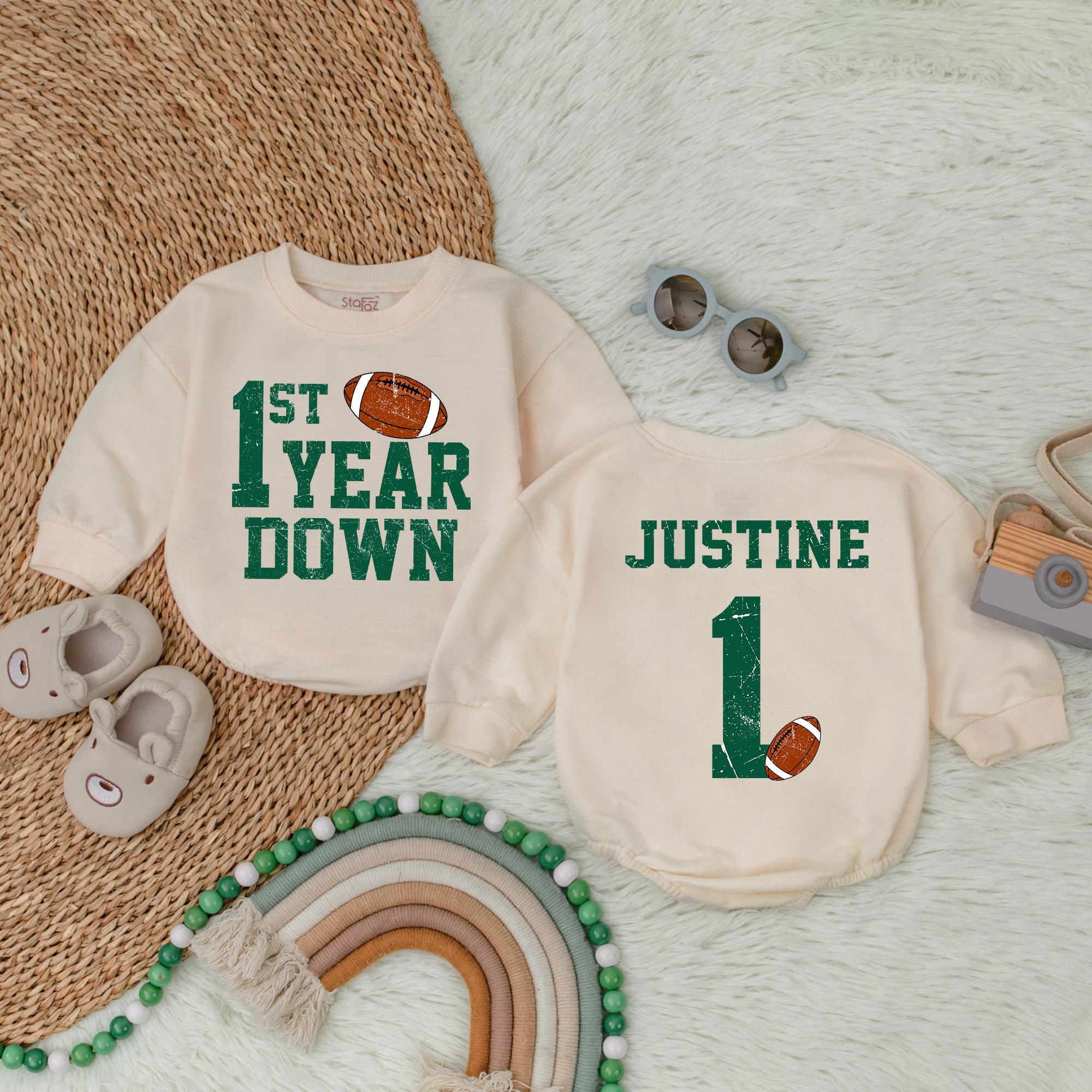 Personalized Football 1st Birthday Romper Green 1st Year Down Outfit Baby Boy's Playful Party Bodysuit Custom Name Justine Gift