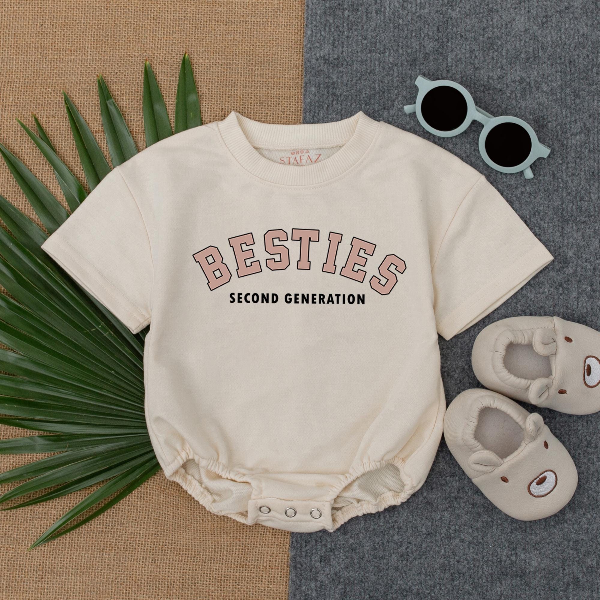 Second Generation Besties Romper for Baby Girls Earthy Tone Short Sleeve Bubble Outfit Soft Cotton Best Friend Baby Shower Gift