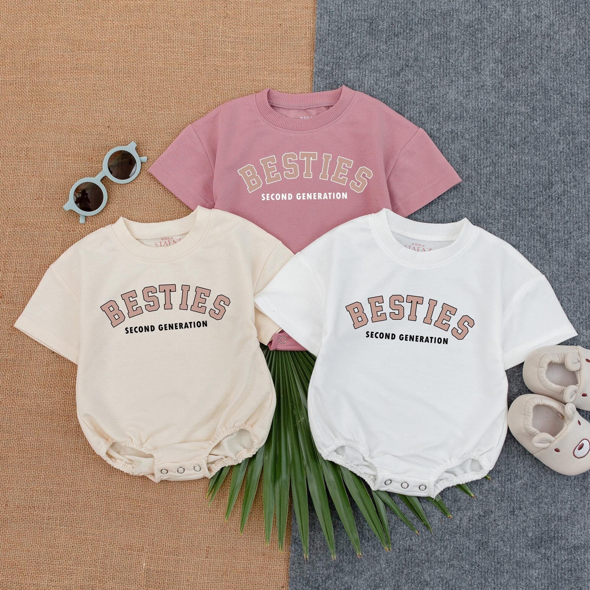 Second Generation Besties Romper for Baby Girls Earthy Tone Short Sleeve Bubble Outfit Soft Cotton Best Friend Baby Shower Gift