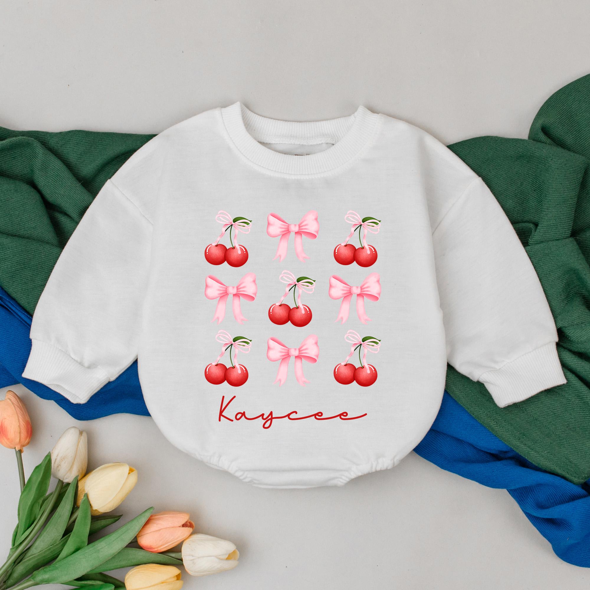 Personalized Cherry Pink Bow Romper Sweet Baby Girl Outfit Custom Name Bodysuit for Infant First Birthday Gift Soft Cotton Apparel
