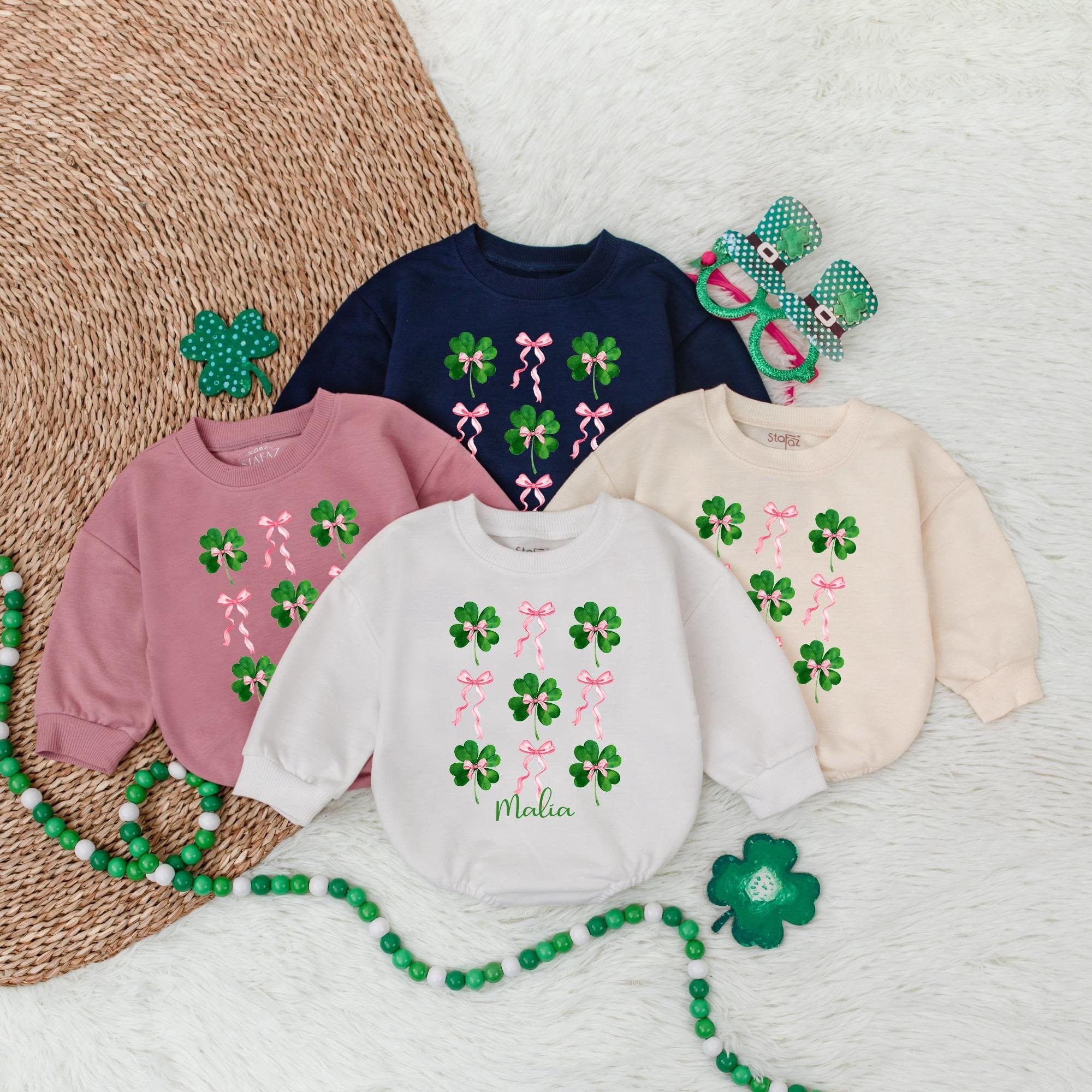 Personalized Shamrock Baby Romper with Pink Bows St. Patrick's Day Outfit Custom Name Infant Gift Cotton Comfortable Party Clothes