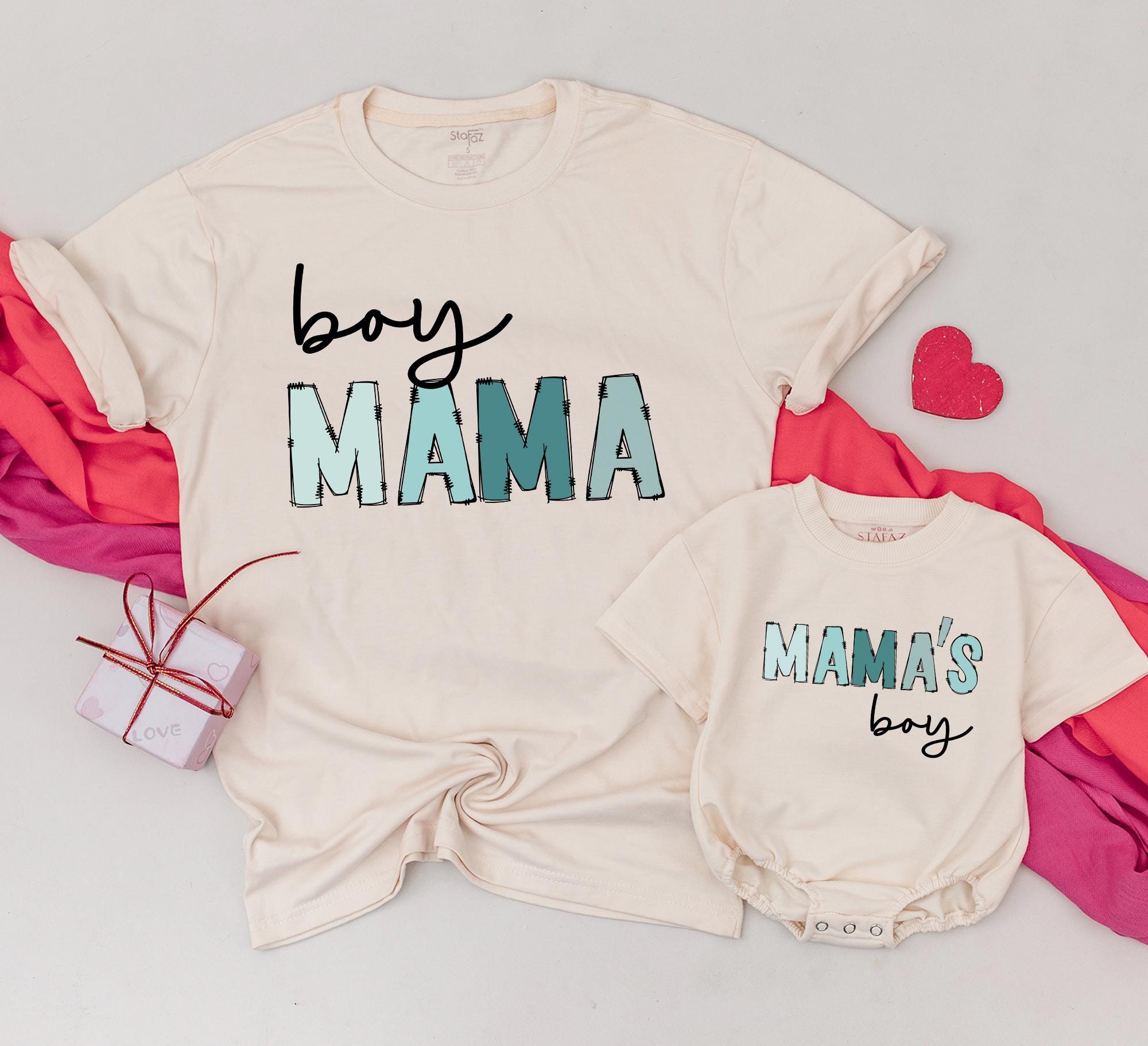 Boy Mama and Mama's Boy Matching Shirts Fun Blue Teal Script Cotton Mom Son Outfits Baby Shower Gift Comfortable New Mom Apparel