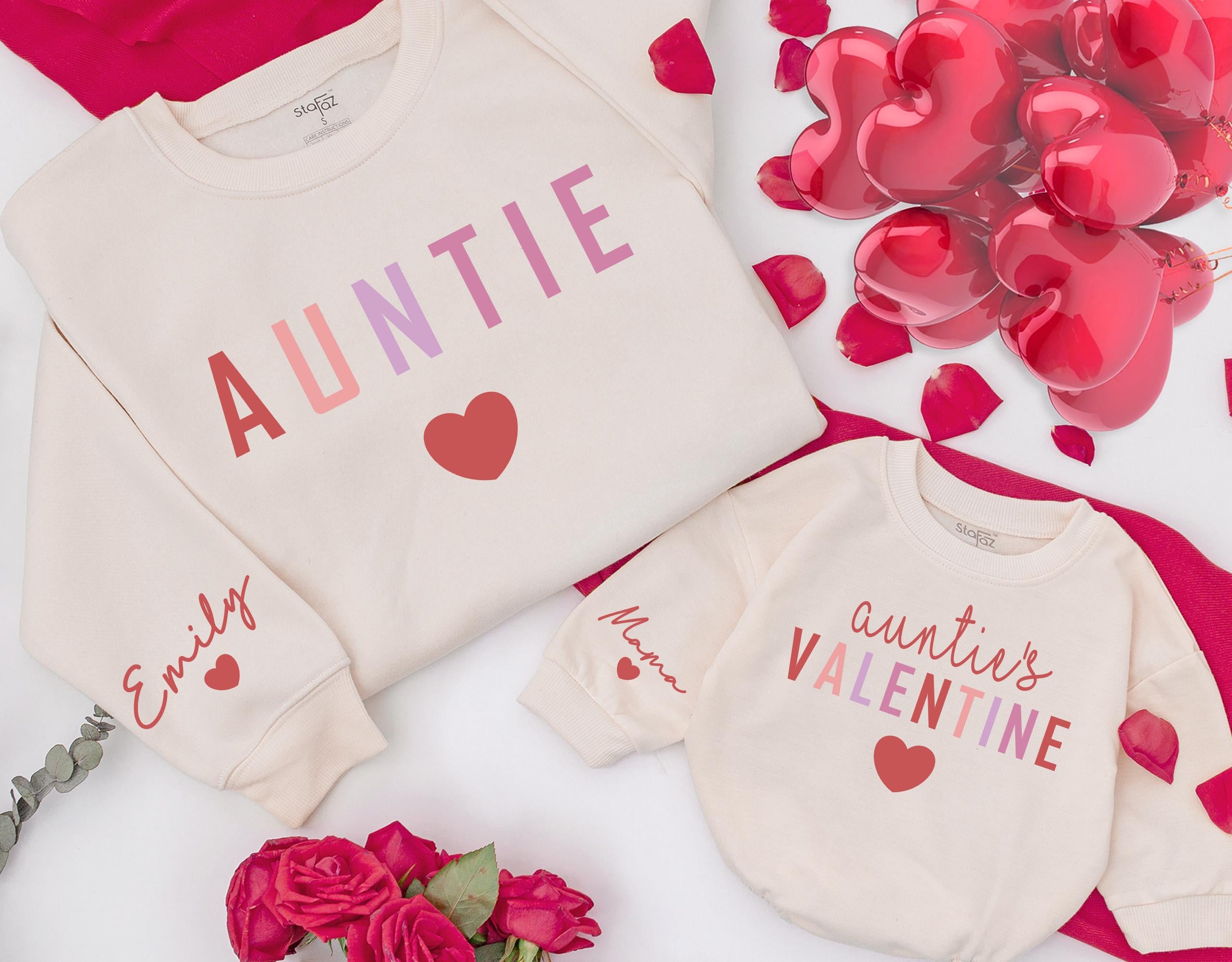 Personalized Auntie and Valentine's Sweatshirts Colorful Heart Design Custom Names Cozy Gift for Aunt Niece Nephew Matching Outfit